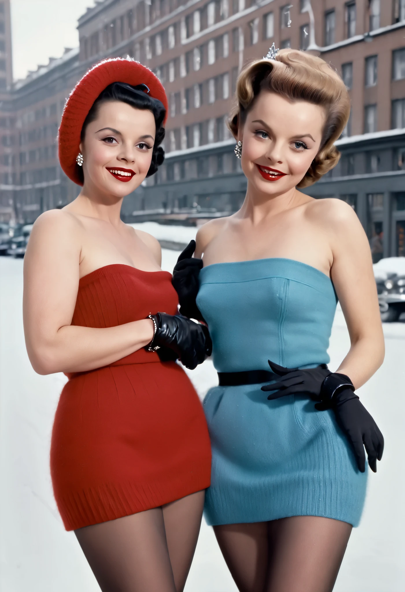 (best quality:10k, high res, masterpiece:1.2), ((ultra-detailed)), ((ultra-photo-realistic:1.4)), ((best quality)), ((masterpiece)), (detailed), ((NSFW)), ((full body)), ((fresh-faced Christina Ricci and a friend)), ((girls in 1950s fashionable cropped red wool top)), ((dressed in a teal-blue knitted snood and mittens)), ((1950s style lady's hat)), ((black stockings)), ((short 1950s curled movie star hairstyle held with Bobbie pins and 1950s make-up)), ((ultra-long false eyelashes)), ((high gloss ruby red lipstick)), ((cute grin)), ((winter in the crowded city)), ((standing outside in the snow)), ((dynamic light and colour)), ((nothing on the bottom)), ((NSFW)), ((1950s)), ((high gloss silky shiny skin)), ((no panties)), ((naked)), ((fully nude)), ((completely naked)), ((Naked vagina on display)), back view