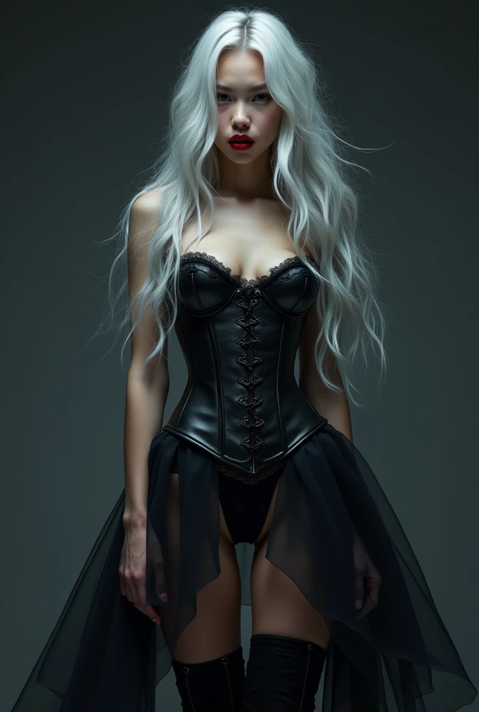 (Digital Art, meisterwerk) fullbody slim extremely beautiful sexy powerful mighty perfect face of a silver hair golden eyes 23 year old woman raised arms in a darkand evil ritual, angry hateful face , white revealing glowing silk robes without sleeves , in a dark cragged dusty huge natural cavern with eerie lighting , dramatic powerful lighting