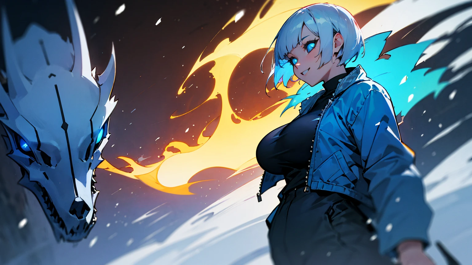 Sans blue jacket black shirt fire eyes skull smile long eyelashes white short hair glowing face blue dragon skull cannon standing alone in the snow town Femininefull Super huge big breasts breast enlargement full-body shot