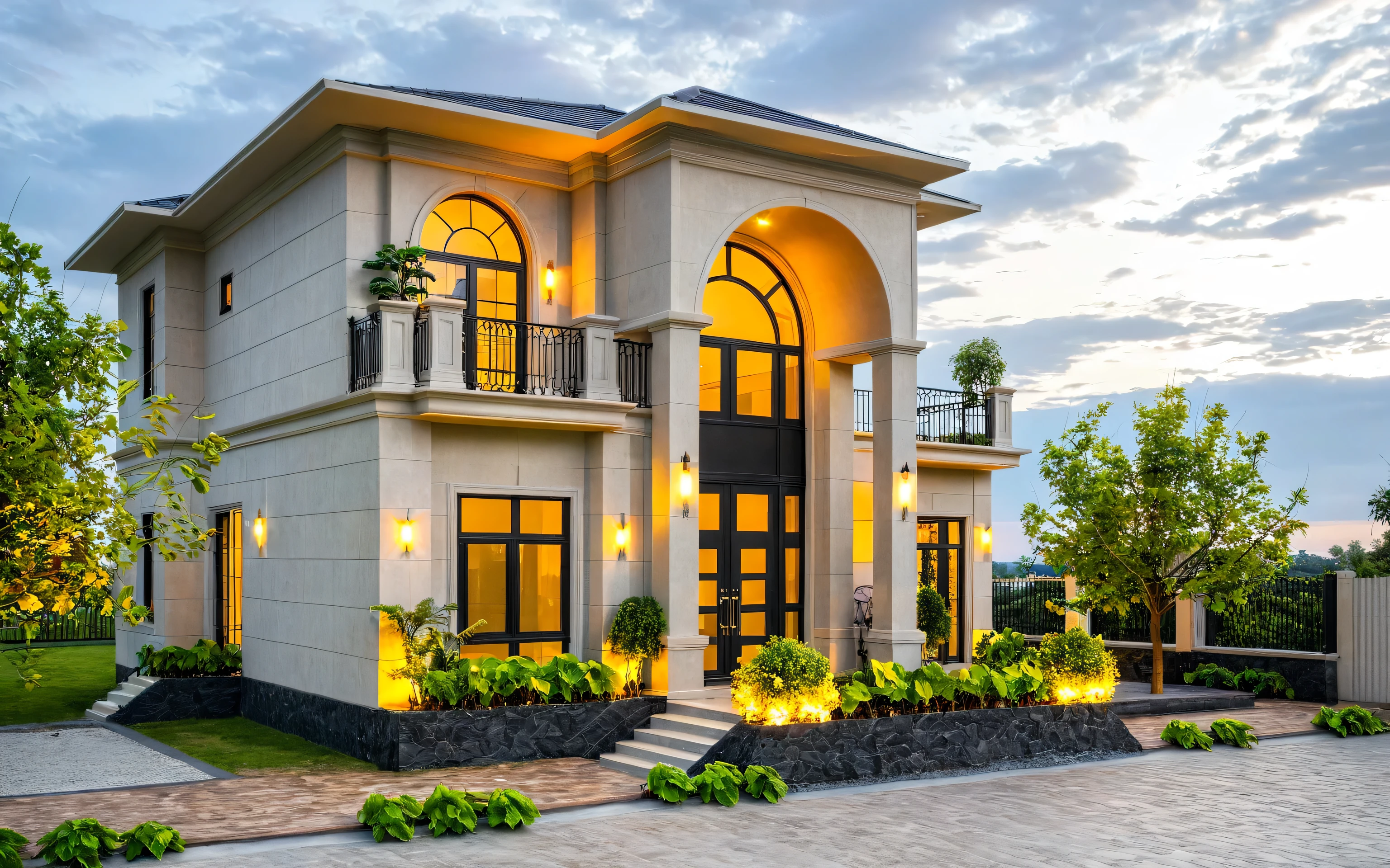 2-storey mansion,neo-classical architectural style, wooden main door, black aluminum glass door, warm interior lights, exterior wall lights, faux stone paint in the entrance hall,Masterpiece, high quality, best quality, authentic, super detail, outdoors, onestoreyvillaXL, aiaigroup, grass, trees, sky, cloud, (daylight:1.1)