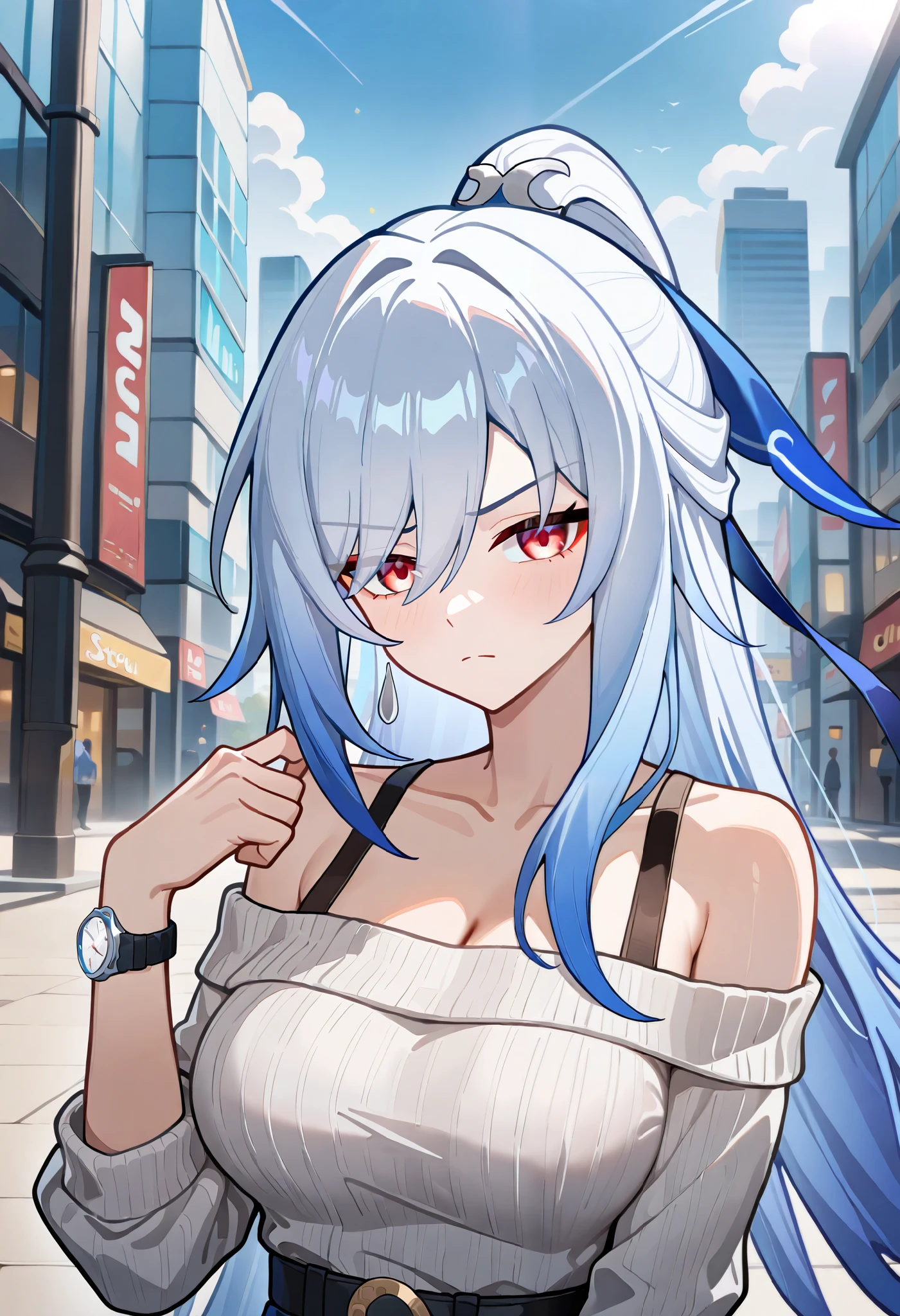 1girl, jingliu\(honkai: star rail), honkai: star rail, looking at viewer, upper body, high ponytail, red eyes, breasts, alternate costume, off-shoulder sweater, wristwatch, hand up, annoyed, city, masterpiece, best quality, very aesthetic, absurdres