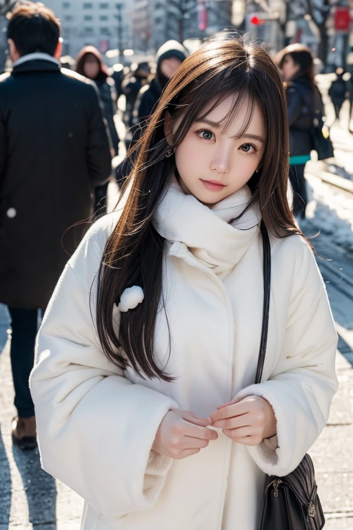 winter, urban area, Tokyo, in the day, gorgeous cityscape, amid the crowd, slightly snow on the park, dressed in warm winter fashion, neat fashion, clean appearance, tilt head forward, fidgeting, expression of heart is pounding with tension, blushing, long length hair, shiny black hair, hair fluttering in the wind, beautiful white-colored translucent skin, slendar figure, shooting from above, cold and shivering, {realistic}, {cinematic}, {photogenic}