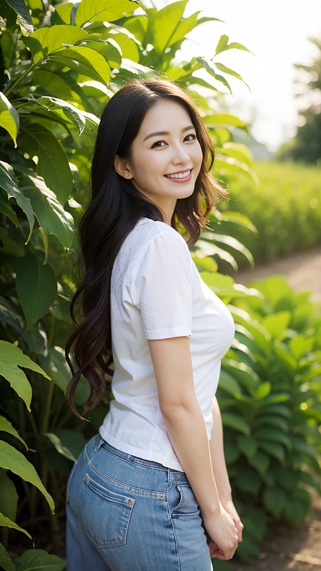 Adult female,Japanese,Farmer, Vegetable plantation, Ultra-realistic, Typical country clothing, Let your hair down on a sunny day、Lovely face and smile,Large Breasts,Big Ass,40 years old,Emphasize the chest