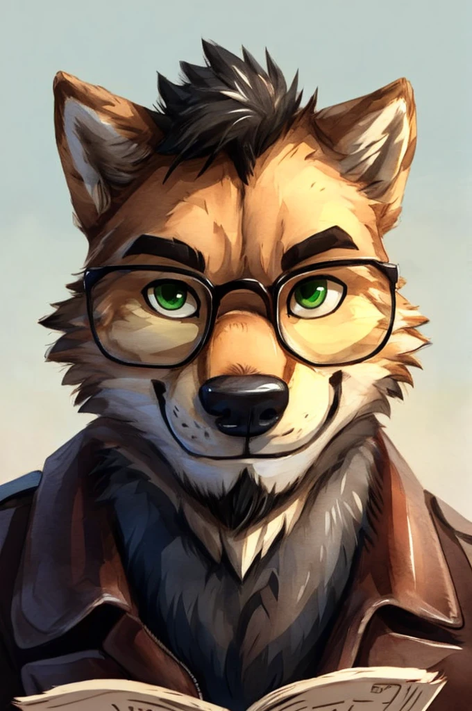 A head-shot of an anthropomorphic wolf, black hair, chibi style, light green eyes, dark brown beard, small reading rectangular glasses, oval face, closed smile, bearded, high quality furry art.