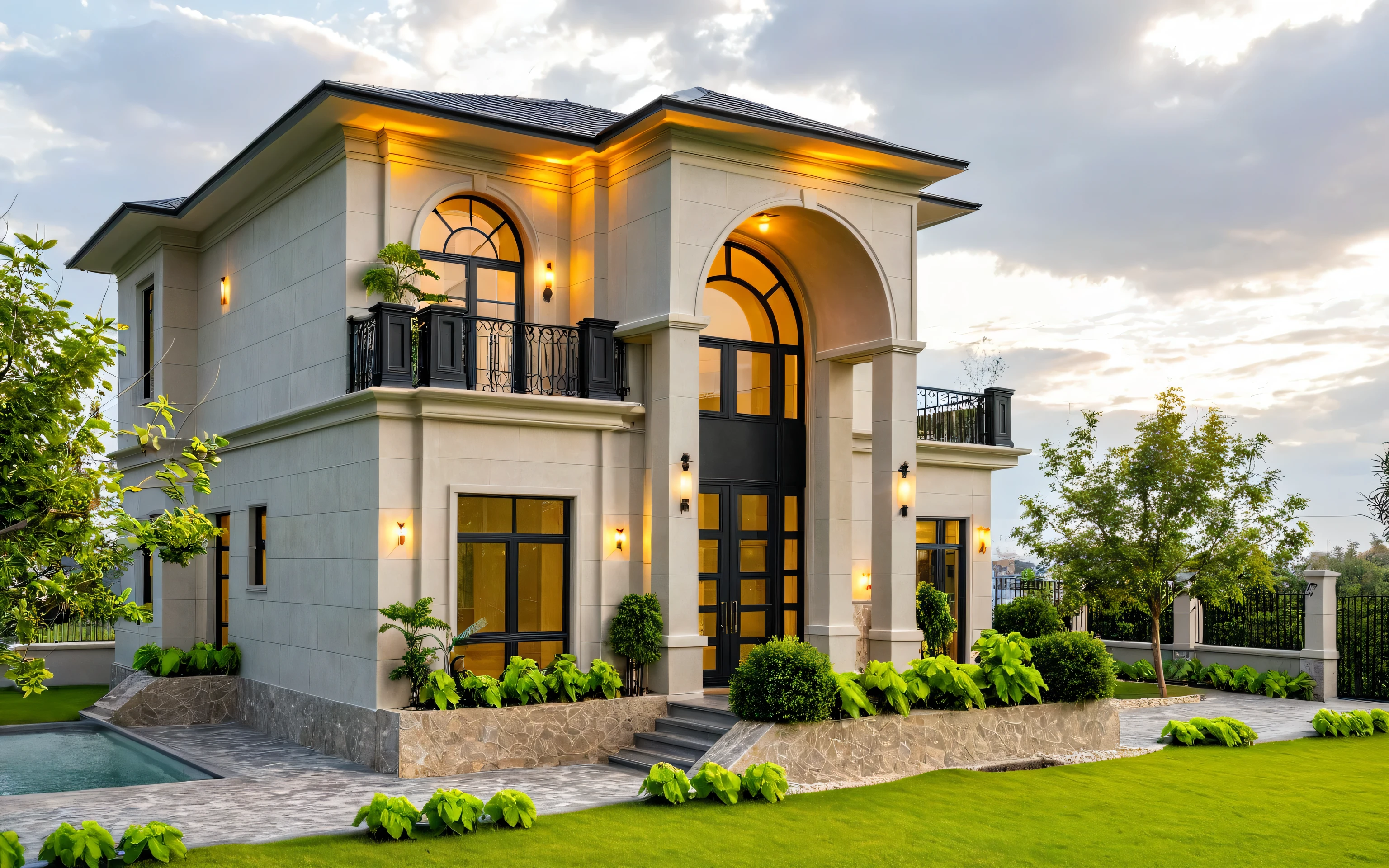 2-storey mansion,neo-classical architectural style, wooden main door, black aluminum glass door, warm interior lights, exterior wall lights, faux stone paint in the entrance hall,Masterpiece, high quality, best quality, authentic, super detail, outdoors, onestoreyvillaXL, aiaigroup, grass, trees, sky, cloud, (daylight:1.1)