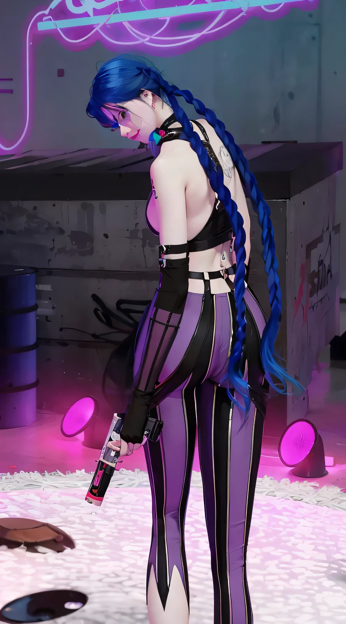(((Jenna Ortega))) dressed in cosplay of ((jinx))(back view) (open legs) (M-shaped) araffe cosplaying with a gun and a purple outfit, jinx from league of legends, jinx from arcane, vi from league of legends, alice in wonderland cyberpunk, vi from arcane, cyberpunk angry gorgeous goddess, arcane jinx, in cyberpunk style, seductive cyberpunk dark fantasy, oppai cyberpunk, cyberpunk 2 0 y. o model girl, cyberpunk vibes