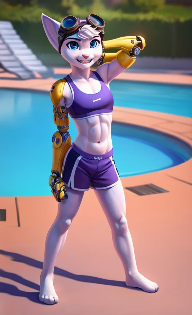 Rivet, tail, furry, 1girl, young, solo, six pack, (yellow cybernetic right arm),(normal left arm), (pink sport shorts with sports bra), standing, pool background, detailed body fur, detailed body, detailed eyes, detailed face, athletic, skinny, high quality, masterpiece, goggles, :D, looking at you, full body, (elastic waistband), (climaxing), 