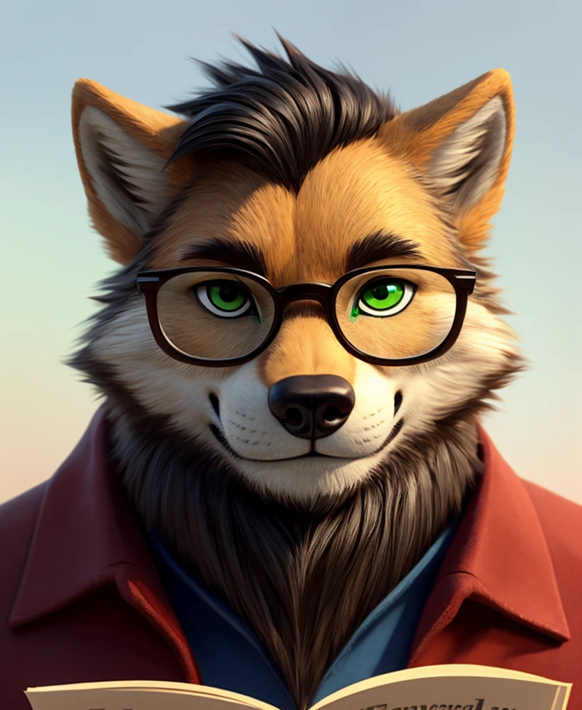 A head-shot of an anthropomorphic wolf, black hair, chibi style, light green eyes, dark brown beard, small reading rectangular glasses, oval face, closed smile, bearded, high quality furry art.