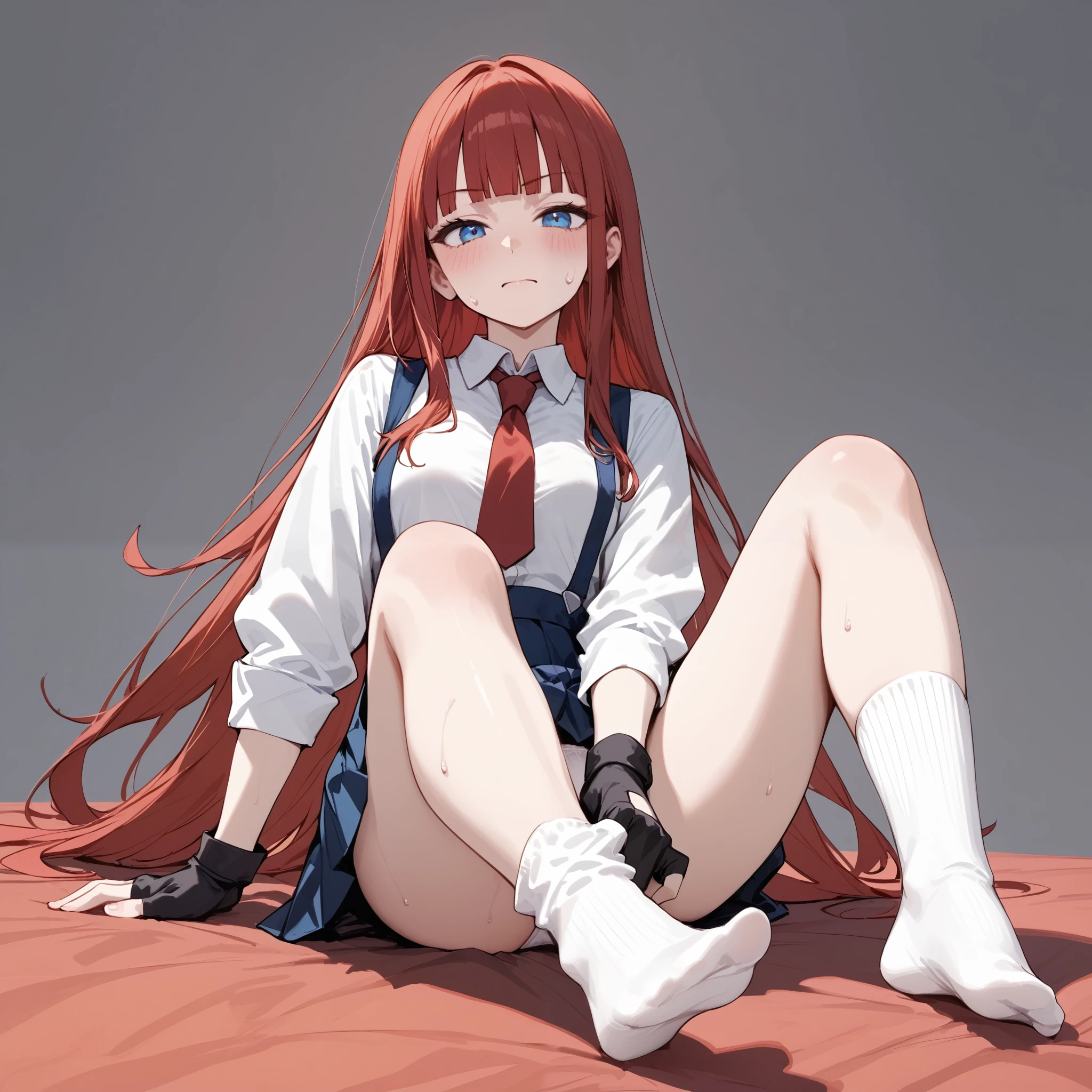 foot focus,dressing socks, adjusting legwear,A glimpse of white panties.blue suspenders, blue Pleated Miniskirt,white Long sleeve white blouse, ,black fingerless gloves,Red tie,White socks,Straight hair,Long hair ,Red Hair, blunt bangs,A woman sitting on a bed in her apartment at home, wearing socks,sweat、blush,blue eyes