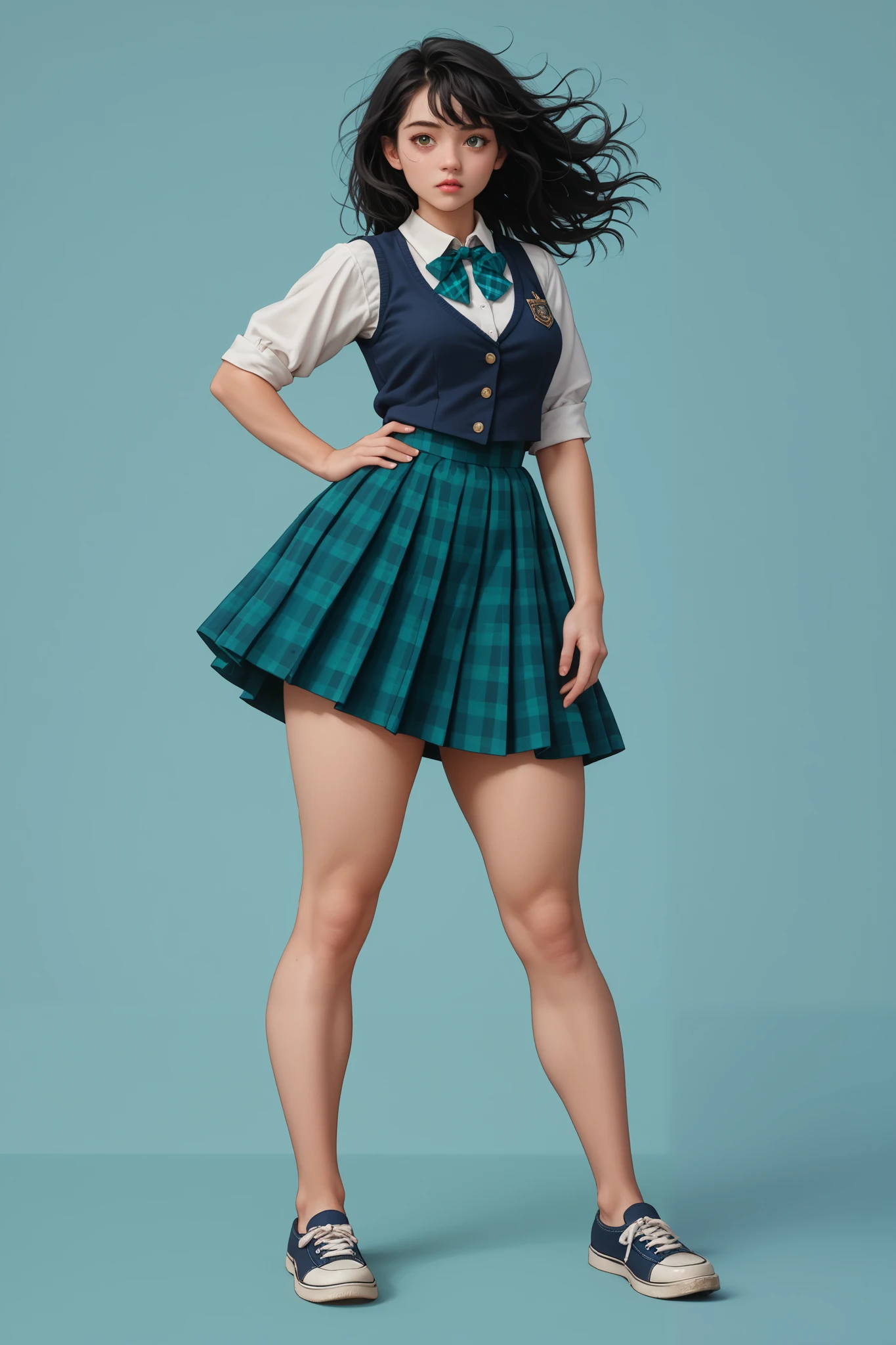 Song Eu-na is a youthful high schoold student. Rocking that luscious waist-long jet-black hair with bangs and deep emerald eyes, wind-swept hair, she's also sporting a 90-62-100 B-W-H size and 165cm heights. Her beauty lies on her diligence, look, and most of all her fit body. Her model long legs with thick thighs are to die for, both literally and figuratively. School dress, shirt, ribbon tie, vest, checkered skirt, various poses, hand on hips, BREAK, prestigious school background, masterpiece, best quality, fullbody close-up view, 