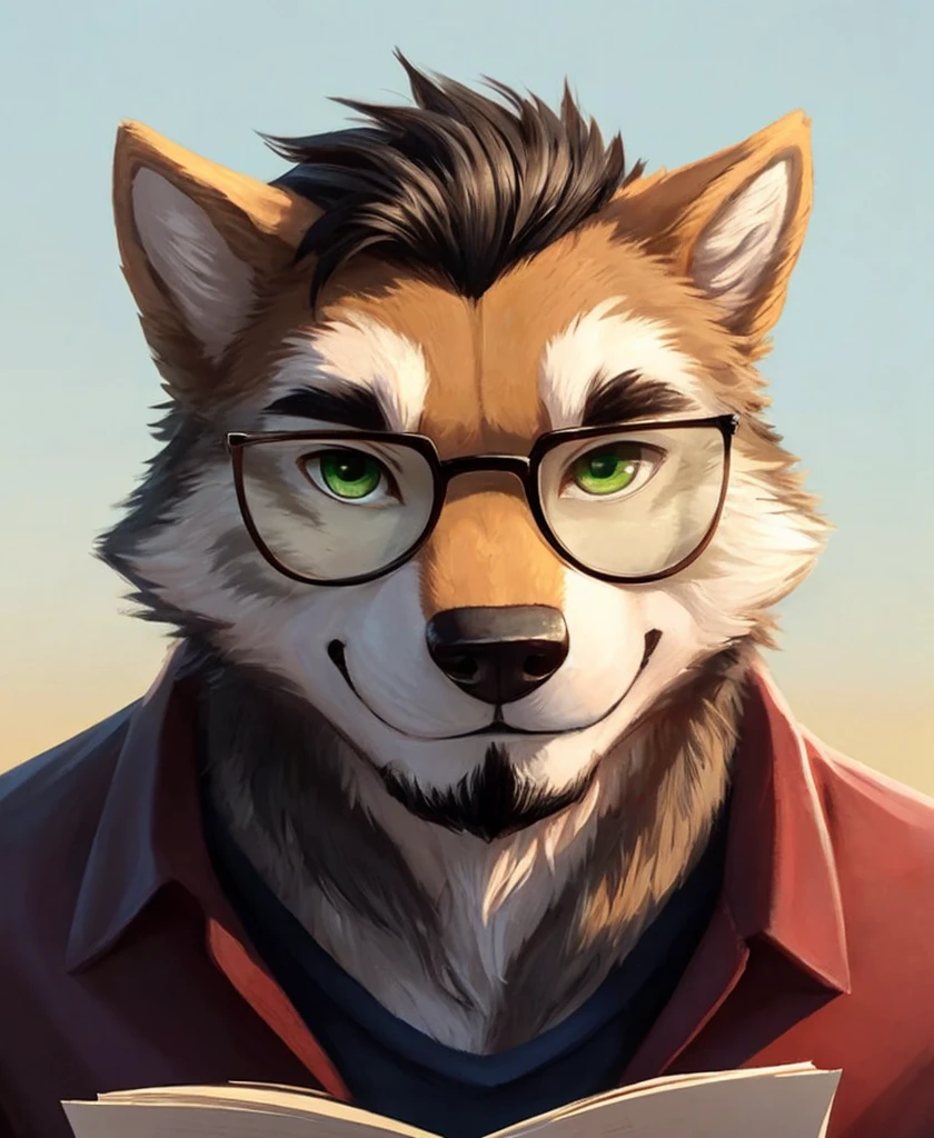 A head-shot of an anthropomorphic wolf, black hair, chibi style, light green eyes, dark brown beard, small reading rectangular glasses, oval face, closed smile, bearded, high quality furry art.