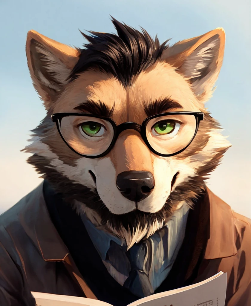 A head-shot of an anthropomorphic wolf, black hair, chibi style, light green eyes, dark brown beard, small reading rectangular glasses, oval face, closed smile, bearded, high quality furry art.