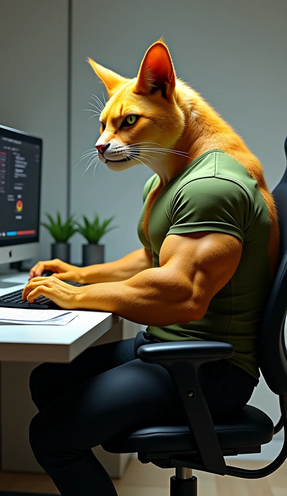 araffe figure of a lion with a muscular body and a lion's head, having computer in one hand with screen on the photo
