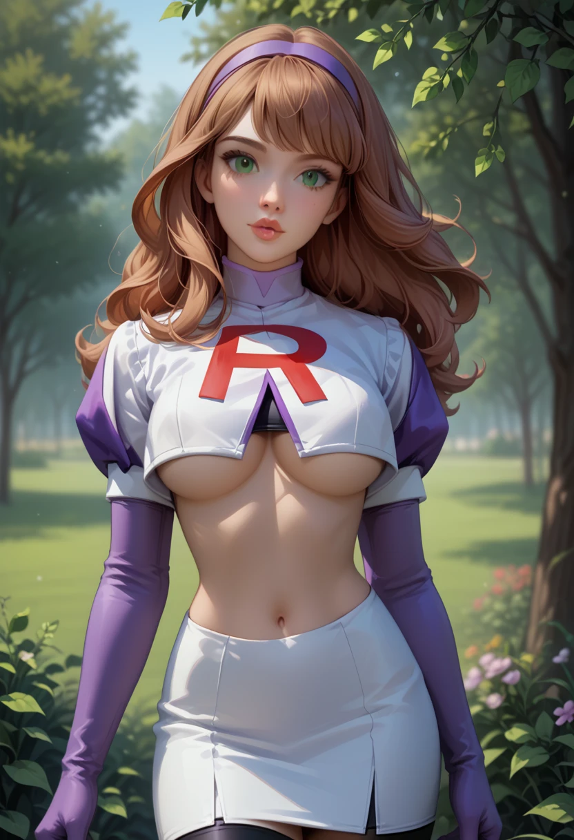 score_9, score_8_up, score_7_up, 1girl, solo, beautiful waifu, (Daphne Blake:1.2), filled lips, thick lips, detailed eyes, detailed face, flirt, looking at viewer, Cosplay_TeamRocket, team rocket uniform, white jacket, cropped jacket, white skirt, elbow gloves, black thigh highs, underboob, in beautiful green park, trees, lowlight, early evening, shallow depth of field.