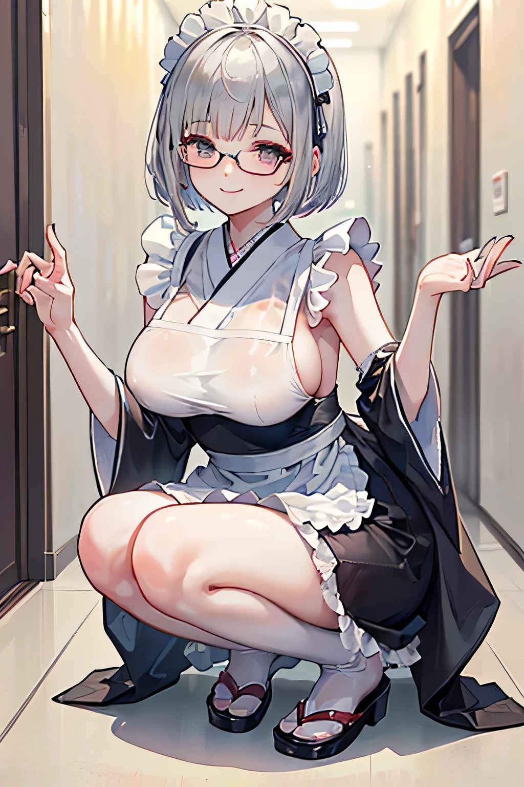 (    Masterpiece   ), (                 top quality), (              super detailed),    Slender woman 、、(((Big Breasts、  Maid Wearing Glasses        、      kimono、     sleeveless kimono     、          white apron dress   、        Silver Hair、             Bob with Bangs           、Even bangs、   Full of bangs           )))、smile 、(((Crouching and posing in the hallway 、 viewers、smile、)))     、#woman、transparent         BODY STOCKING      
see-through,        BODY STOCKING      