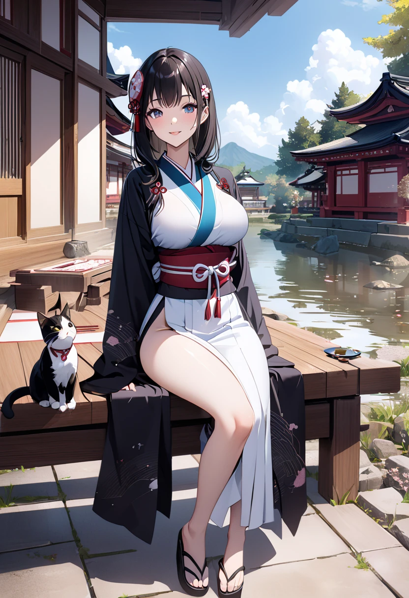 One Girl, Fox Girl, Nine-Tailed Fox,Fox Ears, Black colored hair, Fox Makeup, Kimono with open chest, Body size is 100-70-90!, Nice body, Avatar, face, Open chest, lewd face, Dominant representation, naughty face, Big Breasts, Emphasize cleavage,Show bare skin, Skin is visible, With legs apart, Show off your thighs, M-shaped legs, A beautifully patterned kimono,Red and black flowing water pattern kimono, I can see her cleavage, Muscular, Uplifting, Abdominal muscles, Exposed skin, Long Hair, Skin Texture, Soft breasts, Large Breasts, Standing in a grassy field, outside, Blue sky,Composition facing directly ahead, Grab your breasts with both hands, Fingers digging into breasts, Developmental atmosphere, god mysterious painting