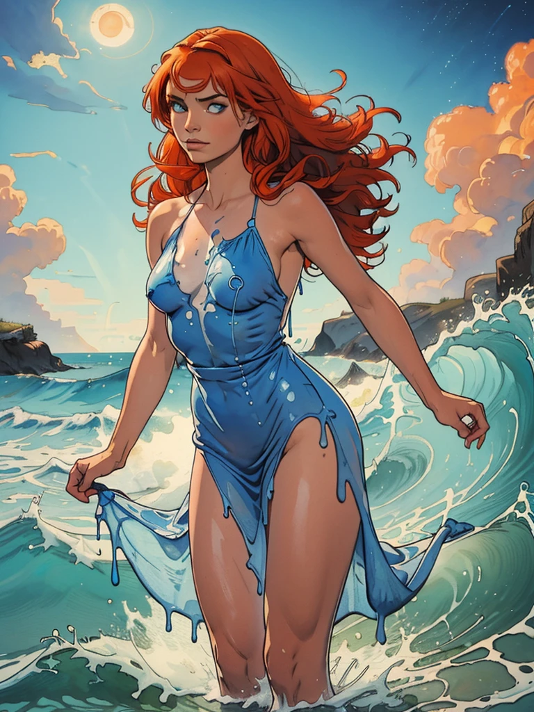 (masterpiece, best quality), ((1girl, solo, long hair)), Ishmael_limbus, innocence expression, bare arms, bare shoulders, bare neck, watercolor, sundress, liquid clothes, water, waves, water dress, blue_theme, night, mist, dark, sharp focus, sea, see-through dress, orange hair