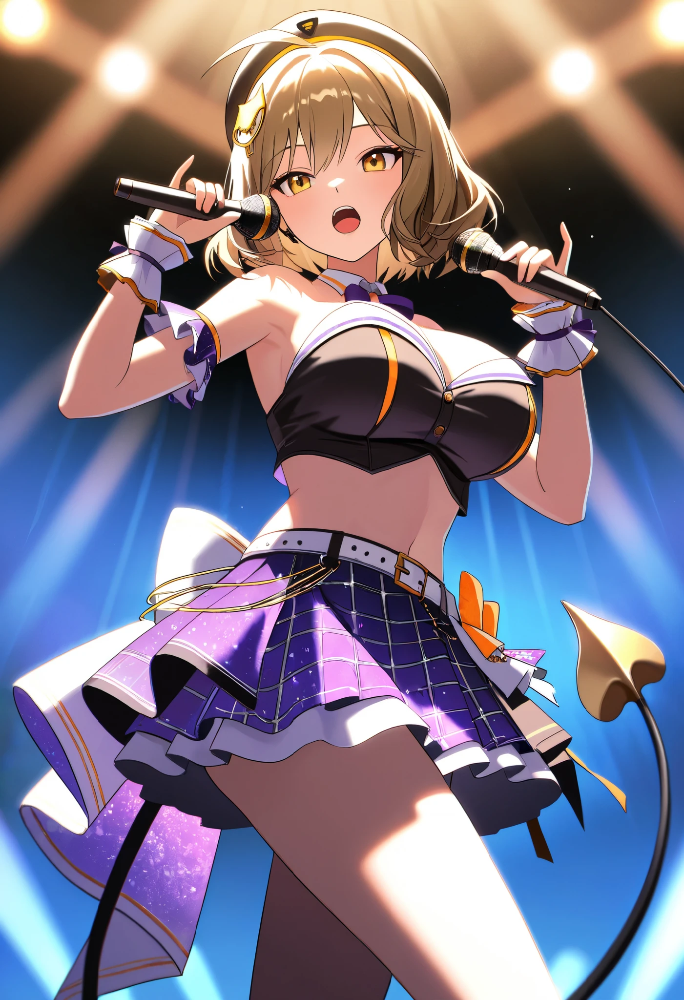 UKIHASHIASUKA, BLONDE HAIR, HAIR RIBBON, BLACK RIBBON, BLACK HAIRBAND, HAIR BETWEEN EYES, MEDIUM HAIR, ORANGE EYES,, large breasts,, Live Stage, solo, nipple