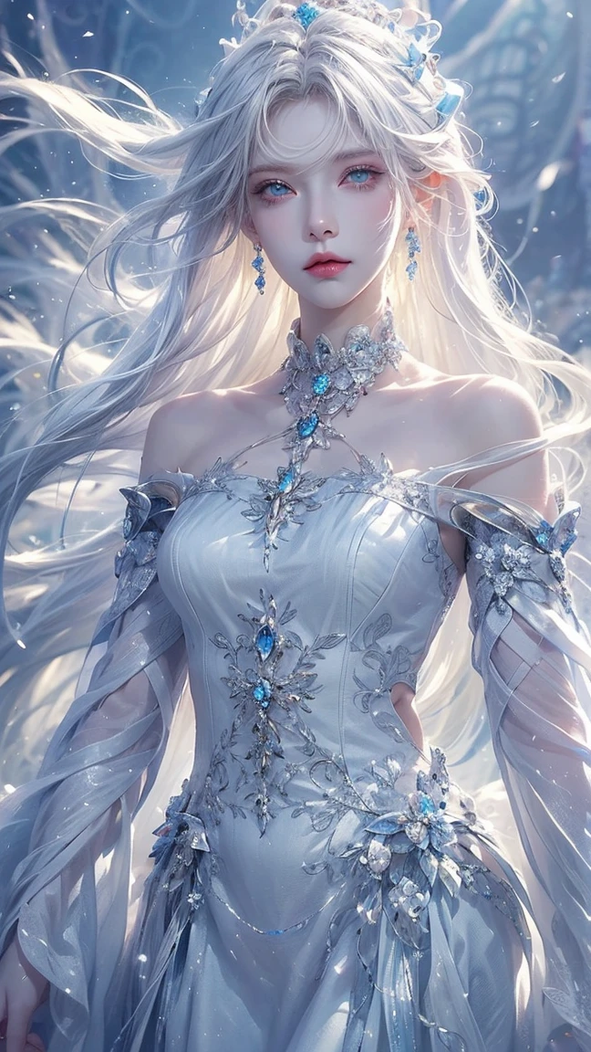 masterpiece、highest quality、wood, Detailed mini ice spikes and crystals, Frozen waterfall as background, Light reflected on ice crystals, Flowing snowflakes.Beautiful woman、white hair、cutegirl,Realistic people,black dress
