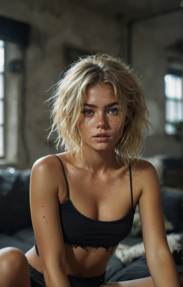 concept art  girl,full body photo,black cotton crop top,blonde,tight black panties,barefoot,seductive,freckles,messy hair, laying on a couch in a filthy apartment,Thorough,analog style,female focus,highest quality,(highly detailed skin),perfect face,skin pores,(bokeh:0.6),sharp focus,dappled lighting,(backlighting:0.7),film grain,photographed on a Sony A7R IV,18mm F/1.7 cine lens,(highly detailed, intricately detailed),8k,HDR,front view,(full body visible:1.2), . digital artwork, illustrative, painterly, matte painting, highly detailed