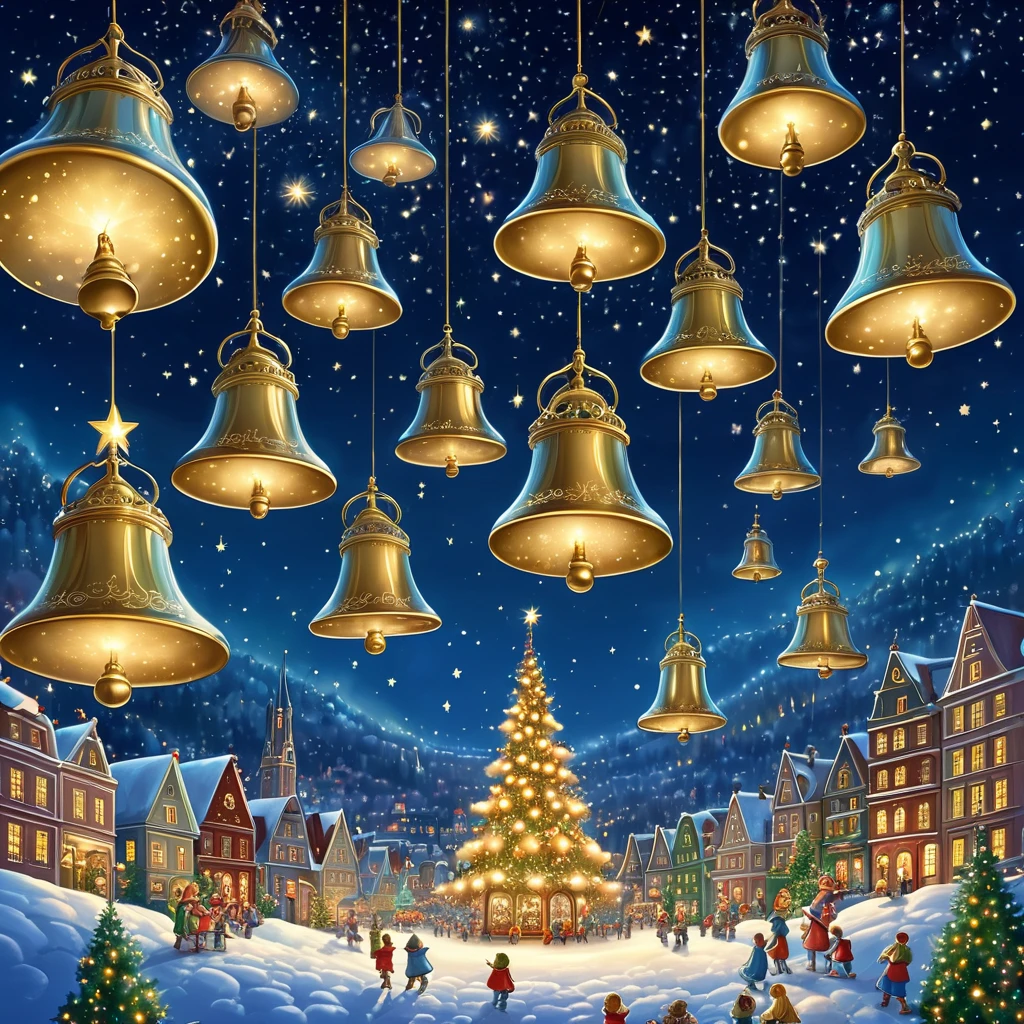 Ten giant plated hand bells are floating in the sky and playing Christmas songs on a holy night. city night sky, This is cute fantasy art that looks like a fairy tale picture book, ultra detailed, absolutely resolution, masterpiece