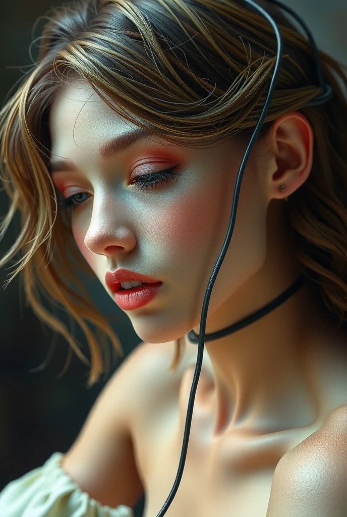 Yamantaka, zbrush central contest winner, Evil Hearted You, Lili Marleen with wires wrapped around her head, beautiful girl, detailed, oil painting, portrait, golden iridescent aesthetic, Trending on pixiv, cgsociety, Artstation trends, Rendered in Octane, UHD, dynamic lighting, houdini particles, particle systems, Unreal Engine, architectural visualisation, cinematography by Sarah