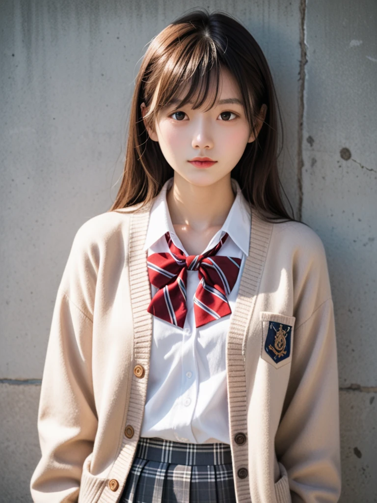  score_9, score_8_up, score_7_up, source_photograph,
 realistic ,photograph,( sharp concentration),(backlit photograph:1.4),Dramatic Shadows,Raw lighting, dynamic angle,
break
Japanese girl,
 dark eyes,( small eyes :1.1),
 slender round face ,
( school uniform),
( outer is a light beige cardigan :1.2),
( sleeves are longer than wrists:1),
(Underwear is a white collar shirt :1.2),
( red string neck bow :1.1),
break
( bottoms are a black and gray plaid skirt:1.2),( pleated skirt ,   Mini Skirt:1.2),
Outdoor,upper_body,