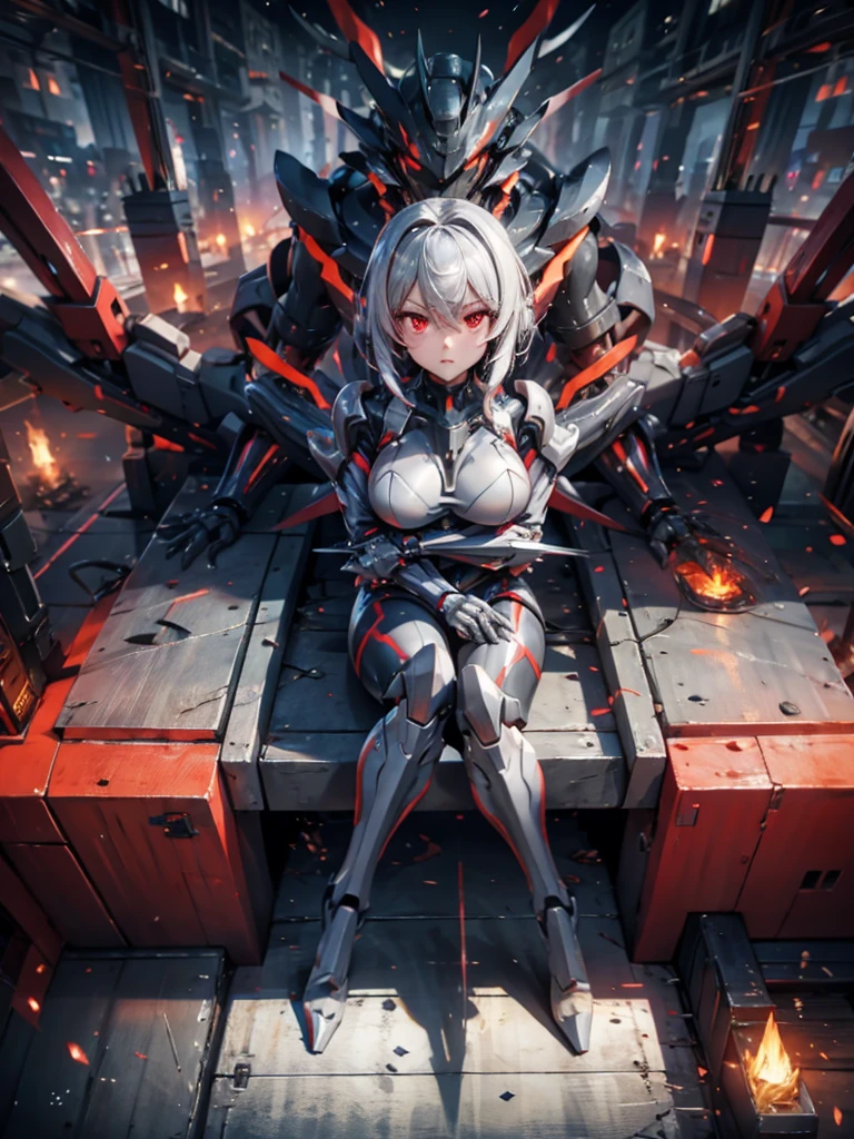 Mechanical Weapon Girl. （Close-up）Full body bodysuit. Latex. Cyber wind. Light armor. A look of contempt. Grey hair. Breasts perky. Glowing red eyes. Glowing core. A mechanical monster in the background. large sharp claws; Mechanical Fang. Red and black machine. Battleship. Sit down. Cross legs. Arms crossed. A swarm of mechanical insects.