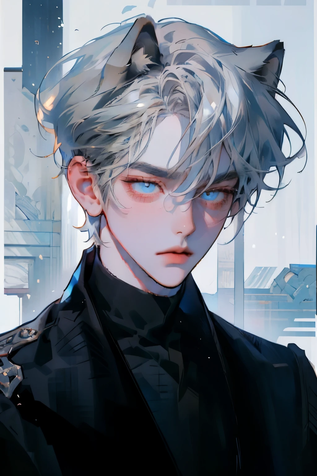 masterpiece,  ighly detailed, highest quality, (alone focus), (perfect face:1.1), (high detail:1.1), (highly detailed eyes), dramatic, A man with white hair and blue eyes, short hair, pair skin, black suit, round white animal ears