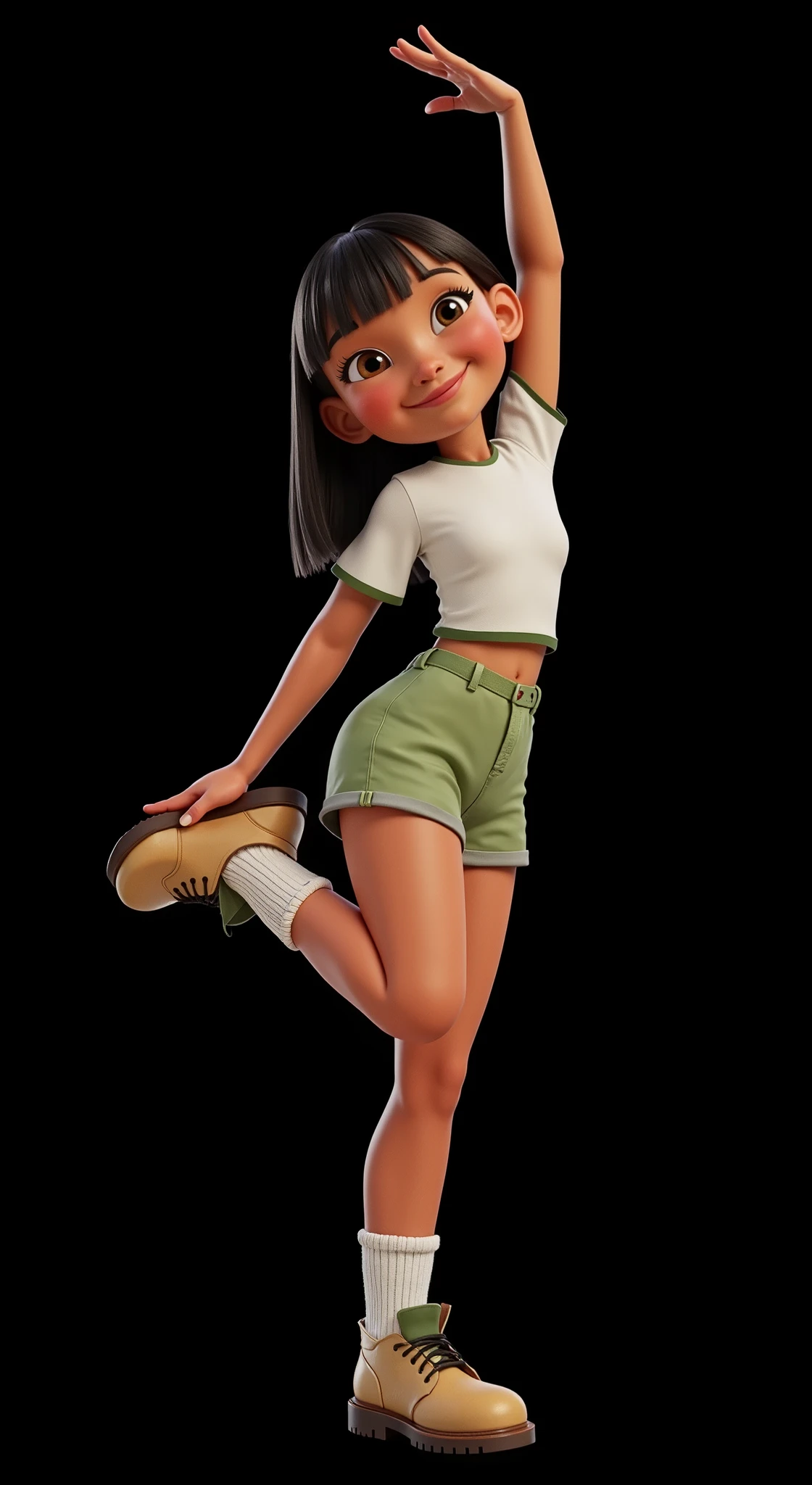 Inspired by the posters in the movies, the 3D characters from Disney Pixar create the image of a 6yo, age: 6, 6 anos de idade, 6-years-old, girl with straight black hair down to her waist wearing a white t-shirt and very short green safari-style shorts with white socks and a safari boot. She is beautiful, sensual, attractive, Brazilian, she does a dance step where she puts her hand on her foot, the background is all black for cutting in png.