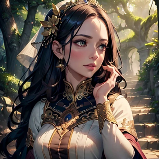 a woman standing near a tree, 1woman, detailed face, beautiful detailed eyes, beautiful detailed lips, extremely detailed face, long eyelashes, elegant dress, photorealistic, 8k, hyper detailed, highly detailed, masterpiece, cinematic lighting, warm colors, natural scenery, lush greenery, vibrant colors, serene atmosphere, enchanting, magical, ethereal