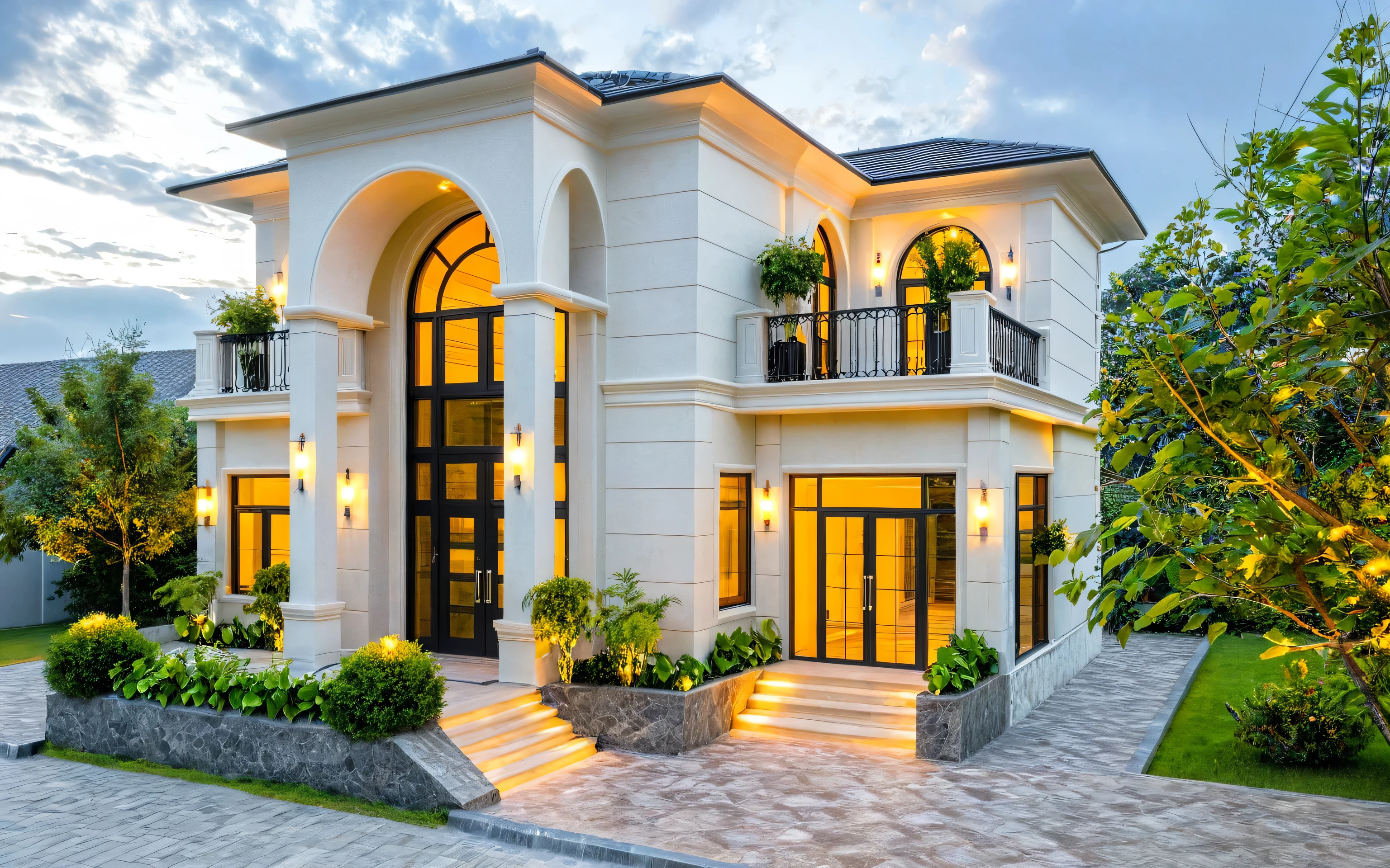 2-storey mansion,neo-classical architectural style, wooden main door, black aluminum glass door, warm interior lights, exterior wall lights, faux stone paint in the entrance hall,Masterpiece, high quality, best quality, authentic, super detail, outdoors, onestoreyvillaXL, aiaigroup, grass, trees, sky, cloud, (daylight:1.1)