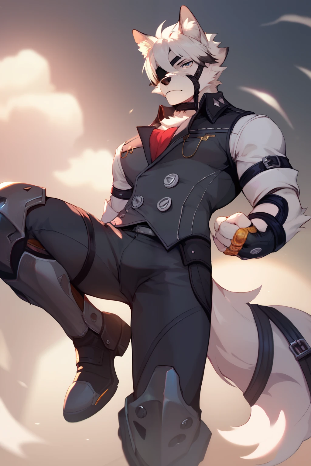  Von Lycaon, Anthropomorphic male furry wolf, wolf ears, muscular body, broad chest, slim waist, High Resolution, Anatomically Correct, Super Detailed, High Details, Short Hair, White Hair, Solo, Full body, high kick, Detailed face, detailed eyes, correct eyes, correct face, eye patch left eye.