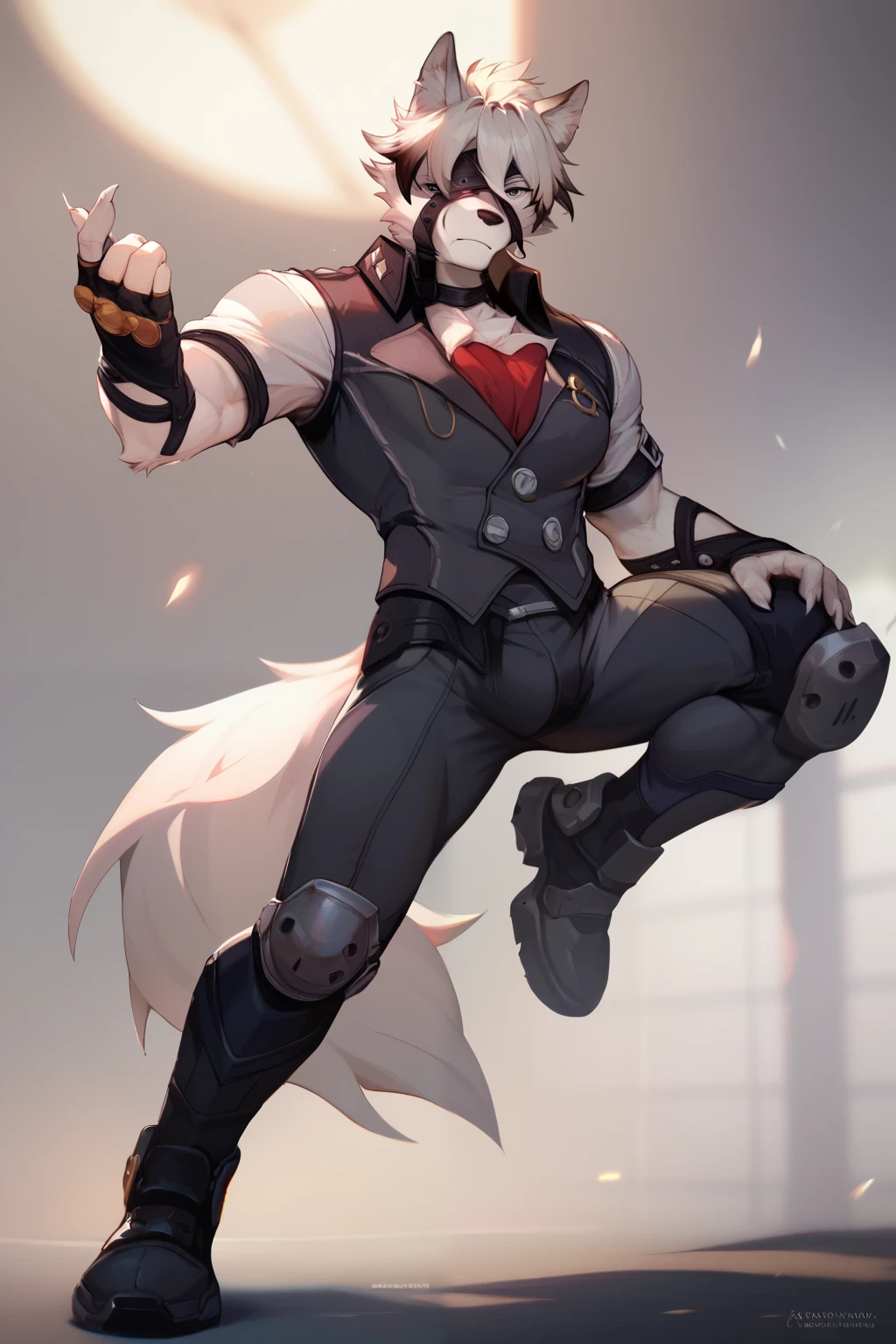 Von Lycaon, Anthropomorphic male furry wolf, wolf ears, muscular body, broad chest, slim waist, High Resolution, Anatomically Correct, Super Detailed, High Details, Short Hair, White Hair, Solo, Full body, high kick, Detailed face, detailed eyes, correct eyes, correct face, eye patch left eye.