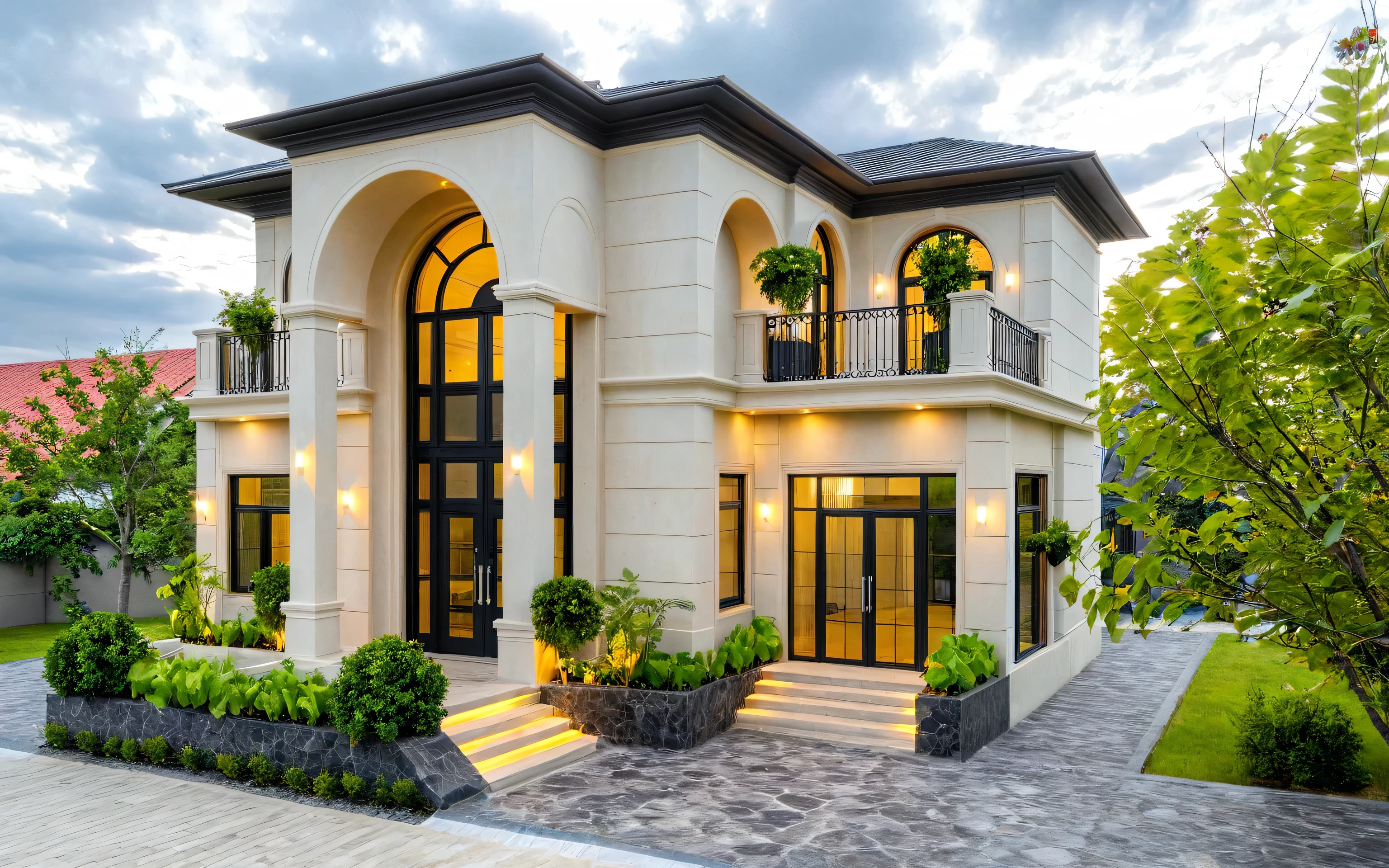 2-storey mansion,neo-classical architectural style, wooden main door, black aluminum glass door, warm interior lights, exterior wall lights, faux stone paint in the entrance hall,Masterpiece, high quality, best quality, authentic, super detail, outdoors, onestoreyvillaXL, aiaigroup, grass, trees, sky, cloud, (daylight:1.1)