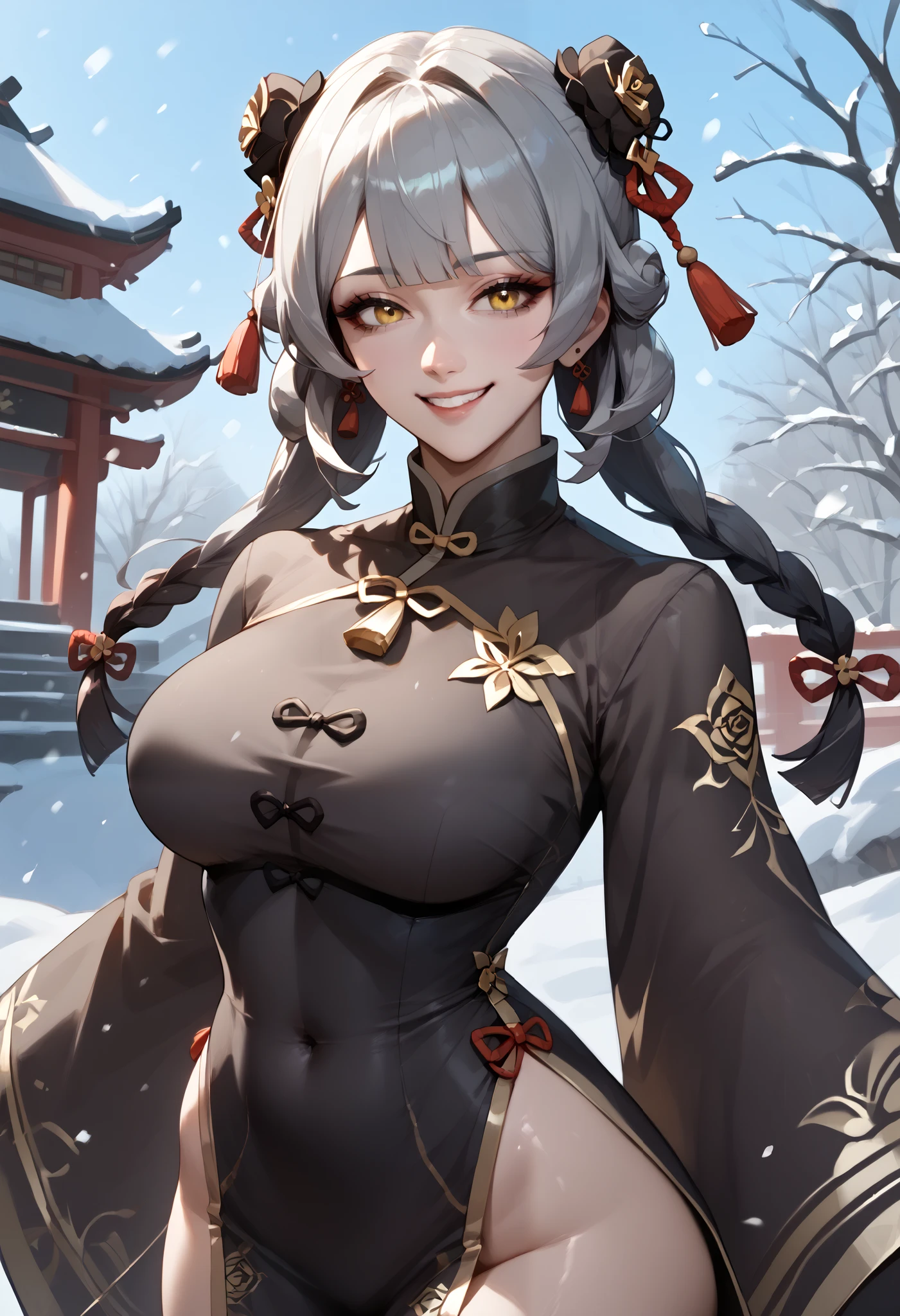 SOLO,A female, perfect body, big oppai, wearing a grey short cheongsam， blunt bangs, hair bun, grey hair, low twin braids, hair two side up, yellow eyes, smile, anime style, UHD, high quality, anatomically correct, textured skin, highres,open pose, Plum garden, Snowy Day, 