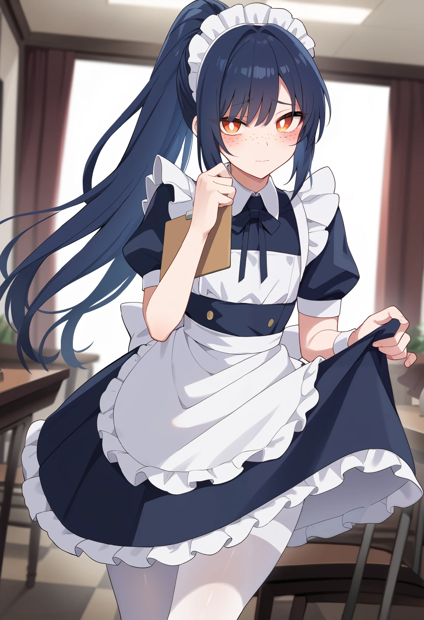 (1boy), solo, crossdressing, otoko no ko, dark blue hair, long hair, ponytail, bangs, orange eyes, white pupils, (freckles), shy, nervous, blush, wide hips, (dark blue maid dress), maid headdress, maid apron, white pantyhose, score_9, looking at viewer, holding a small notepad, indoors, fancy restaurant