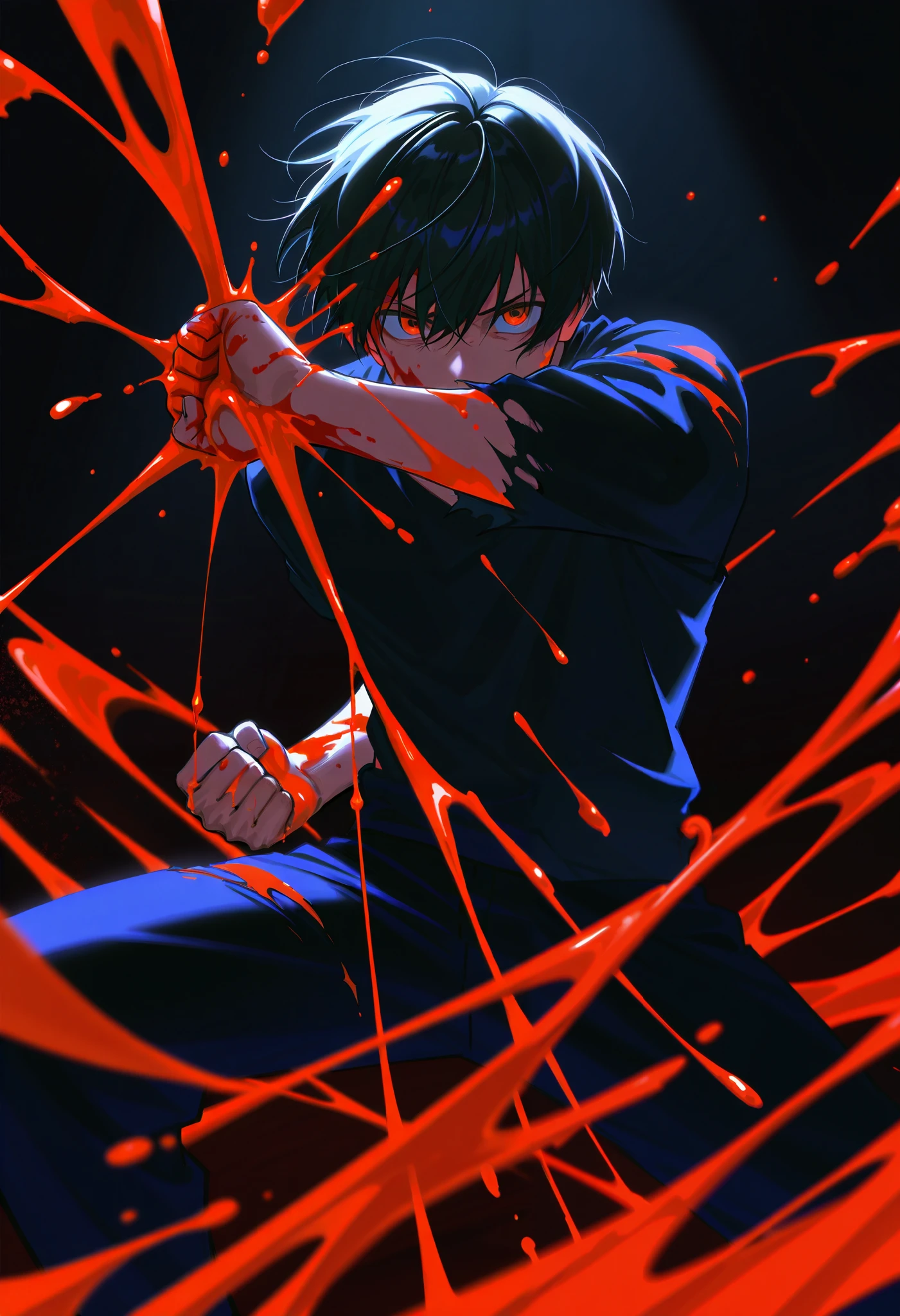 Bohemian style, Paint Pouring, dynamic composition, 1boy, dark background, intense gaze, blood splatter, torn clothes, clenched fists, shadowy figures in the background, historical battle scene, dramatic lighting, chaotic atmosphere, swirling colors blending with darkness
