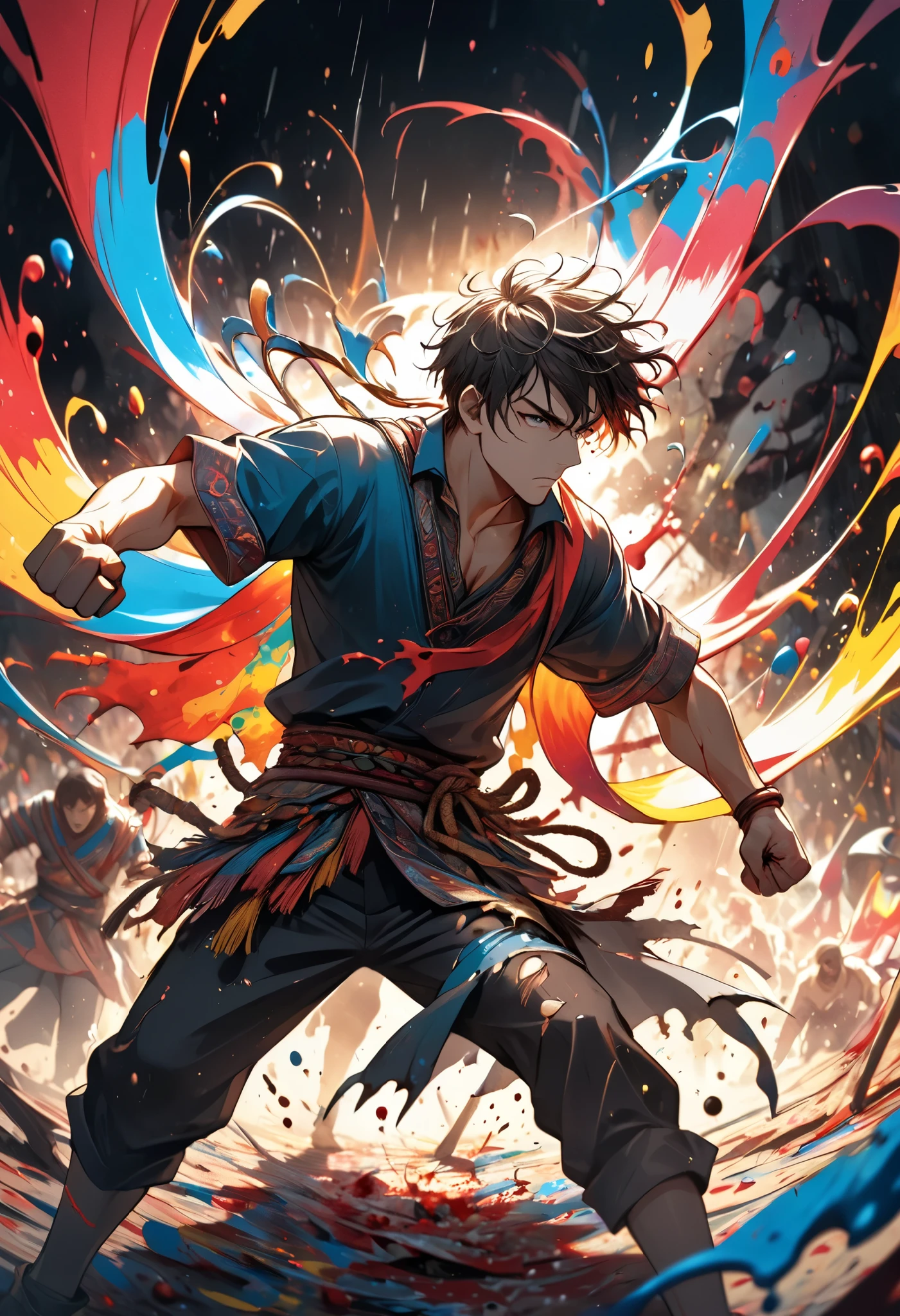 Bohemian style, Paint Pouring, dynamic composition, 1boy, dark background, intense gaze, blood splatter, torn clothes, clenched fists, shadowy figures in the background, historical battle scene, dramatic lighting, chaotic atmosphere, swirling colors blending with darkness
