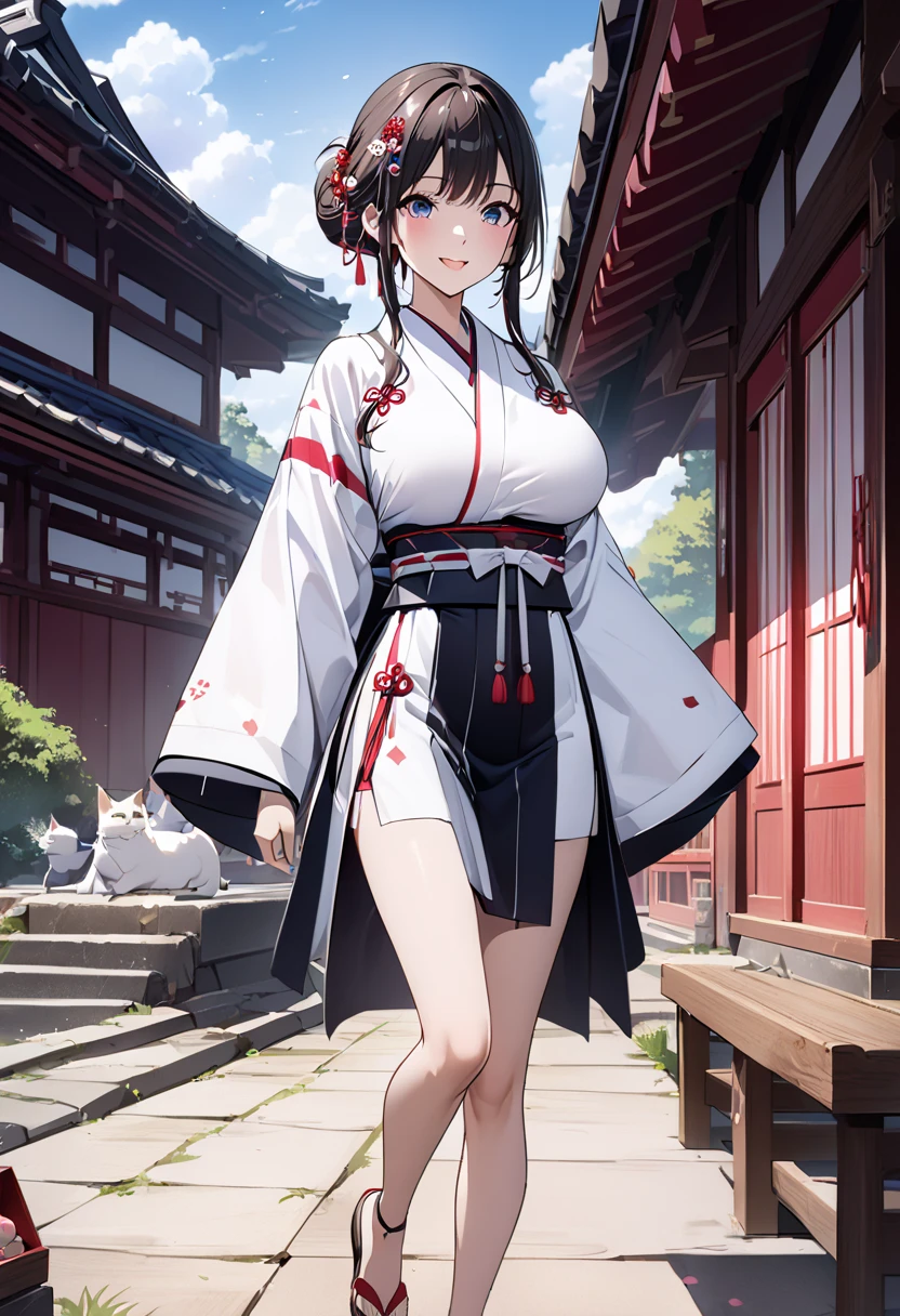 ((2D beautiful girl、top-quality、perfect finger 14、Perfect Anatomy 1.4、extremely delicate and beautiful illustration))、cute petit girl、(transform sequence)、((white shrine maiden leotard、blue decoration))、14years、a junior high school student、Fractal Art、baby-face、((stright long hair))、beatiful detailed eyes、Show your teeth and give your best smile、Full Body Display、(two individuals)、blue open sky、majestic shrine、pretty headband、Canine ears、