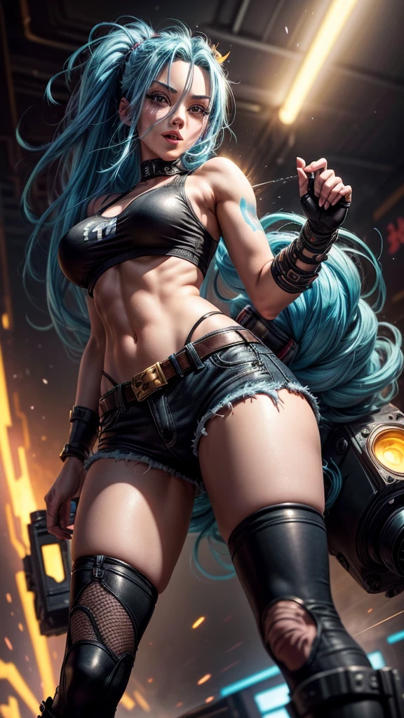 ((Best Quality)), ((Masterpiece)), ((Realistic)) and ultra-detailed photography of a 1nerdy girl with goth and neon colors. She has ((turquoise hair)), wears a small skimpy black bikini thong , ((beautiful and aesthetic)), muscular fit body abs, sexy, under-boobs, hot