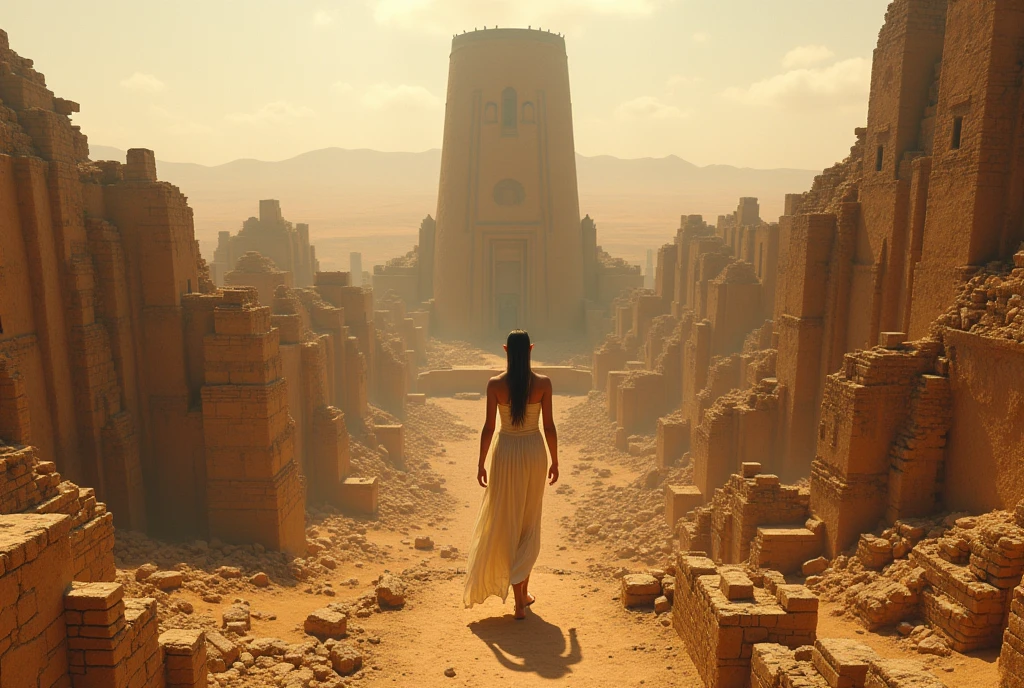 ((masterpiece, highest quality, Highest image quality, High resolution, photorealistic, Raw photo, Extremely detailed CG unified 8k wallpaper)), (huge stunning goddess shot, very hot and sexy, jaw-dropping beauty, perfect proportions, beautiful body, slim body beauty:1.4), A devastated world, an elf woman wandering alone, a huge tower made of sun-dried bricks, an ancient city built around it, crumbling, buried in sand, in ruins, bird's eye view, fisheye lens,