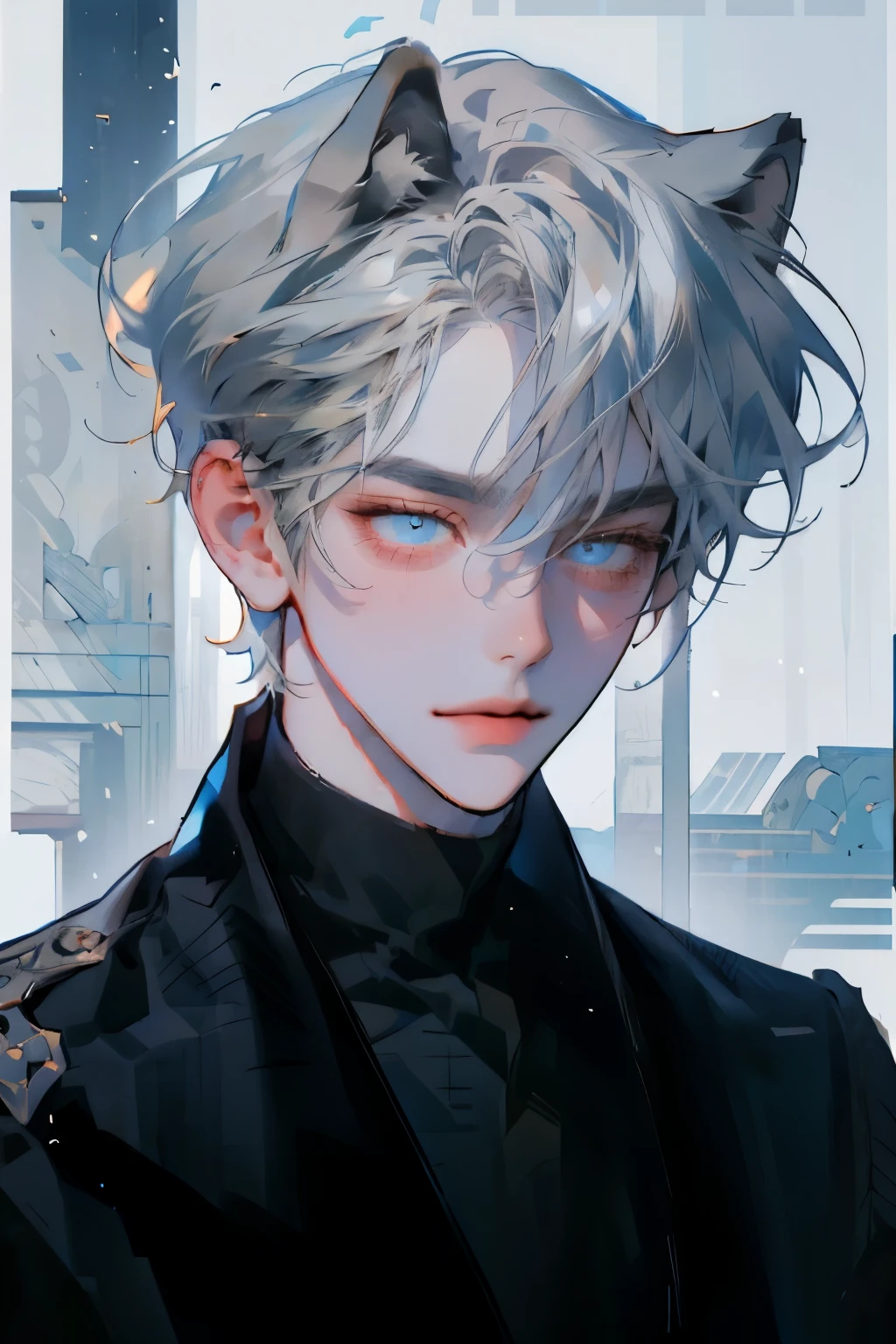 masterpiece,  ighly detailed, highest quality, (alone focus), (perfect face:1.1), (high detail:1.1), (highly detailed eyes), dramatic, A man with white hair and blue eyes, short hair, pair skin, black suit, round white animal ears, smiling