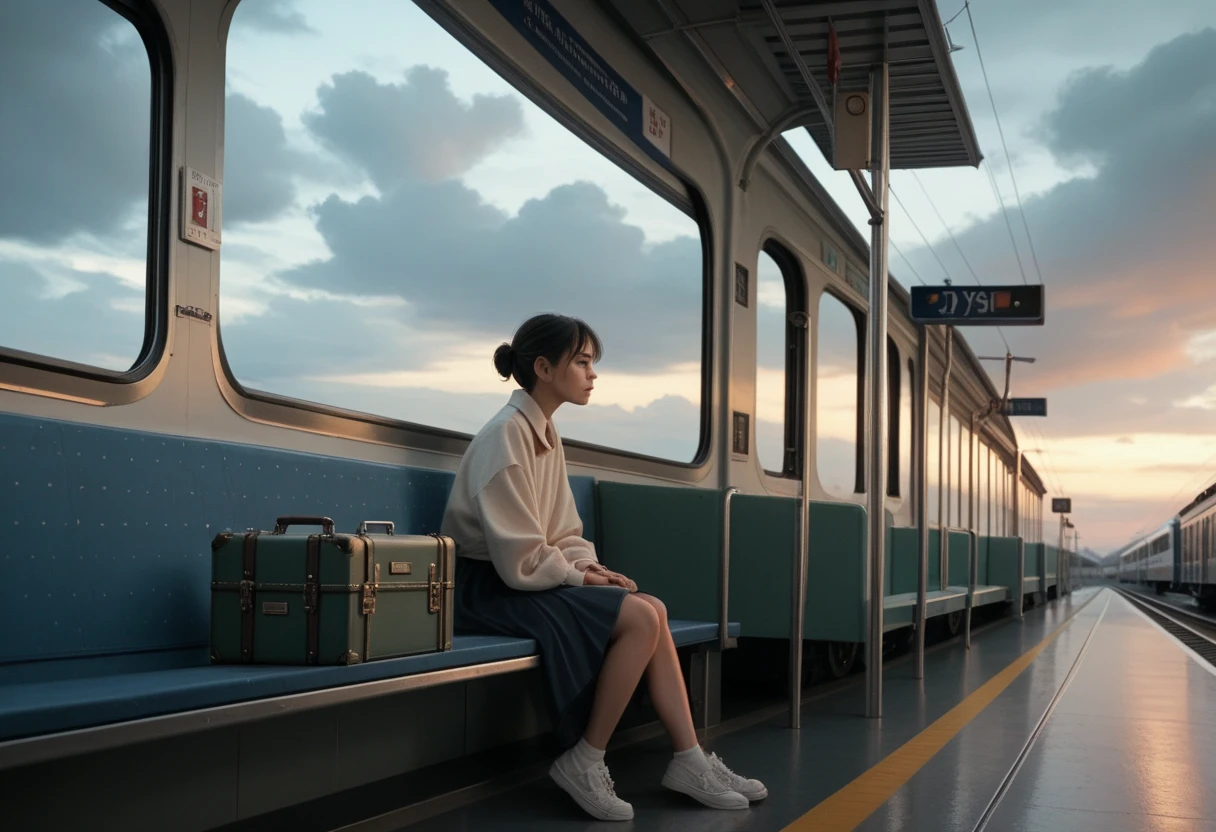 score_9, score_8_up, score_7_up, score_6_up,  1girl, 25yo, Maeri25, solo, sitting on a bench, train station, suitcase, cloudy day, from side, looking away, lonely