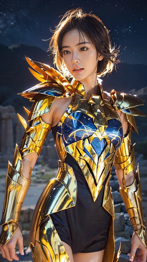 
((1 Female))) beautiful Korean girl,   ultra-realistic photo shoot with cutting edge detail by Camus, Greek ruins in the background. Shiny golden metal armor, Saint Seiya Armor, (((Cancer Armor))),  sexy armor , Show off your feet , Short Blue Hair , Active pose, beautiful, Blue Eyes、Every detail, beautiful face with details, walking at the  ancient Greek ,  ancient Greek ,  super high resolution, 8k, milky way, Night Sky,