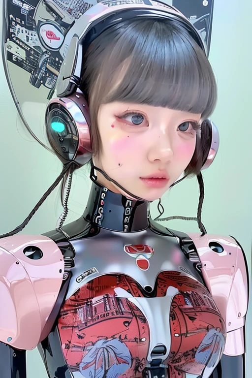 masterpiece, best quality, extremely detailed,portrait,front view,Japaese android girl,Plump, control panels,android,Droid,Mechanical Hand, Robot arms and legs,Blunt bangs,long tube,thick cable connected her neck