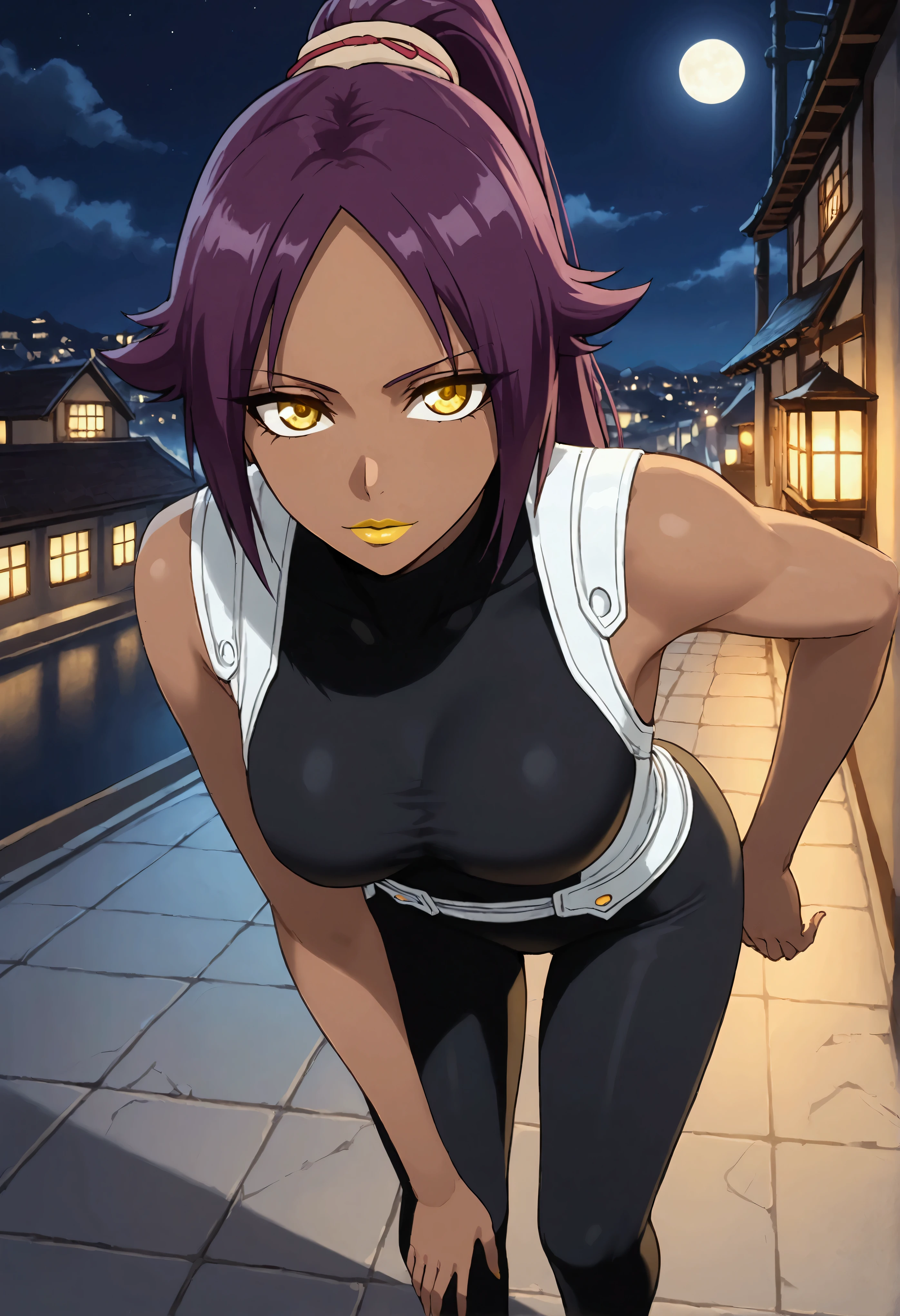 BREAK looking at the viewer, BREAK (masterpiece: 1.2), Unity 8k wallpaper, (illustration: 0.8), (beautiful and detailed eyes: 1.6), perfect lighting, (perfect hands, perfect anatomy), yoruichi shihouin, long hair, (yellow eyes: 1.5), city, on the street, night, lights, reflections, ponytail, purple hair, dark skin, dark-skinned woman,
bodysuit, black bodysuit, bodysuit under clothes, sleeveless, full body, from above, bent over, yellow lipstick.