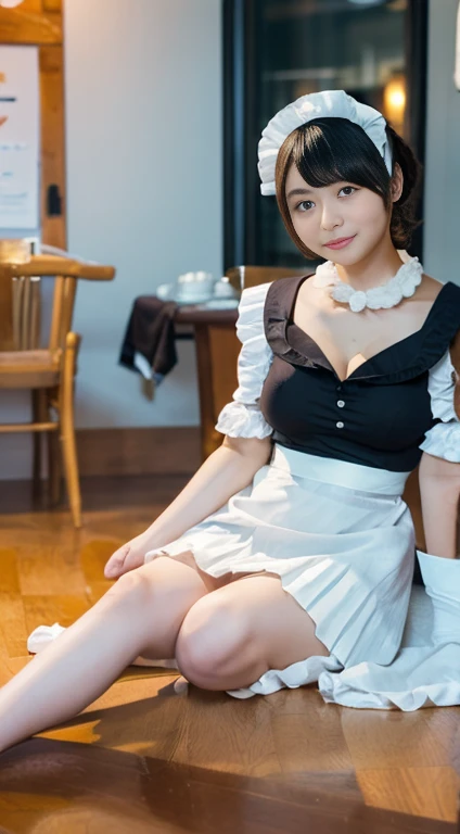 Pure Japanese maid girl, wearing traditional British maid dress, stockings, high heels, arranged hair styles, sweet smile, sitting relaxed mood, sweet temptation, sexual attractive, refreshing in early summer, professional portrait photography, 