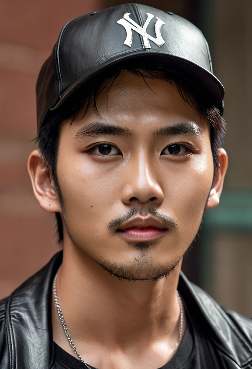 (masterpiece, high resolution, high detail, HD), handsome boy, charming boy, asian face, thin beard, looked seriously ahead, wearing a black leather jacket with a black t-shirt, (photo 1.1), realistic, detail skin, detail face, black eyes detal, there is a scratch on the left eyebrow, wearing a black baseball cap