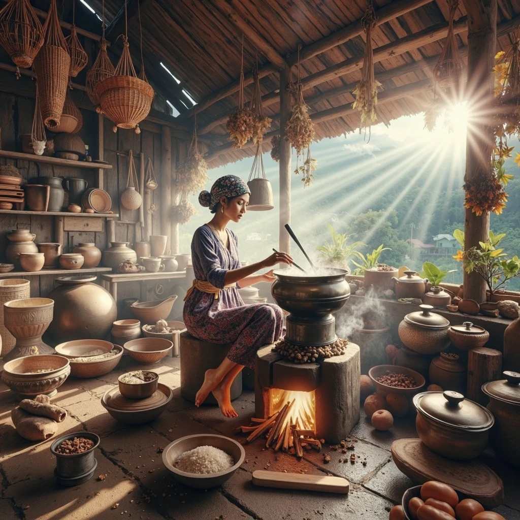 a beautiful Indonesian peasant woman,  bun, cooking rice on a small traditional brass cooking ware, it\'s on top of a firewood stove made of clay and refractory brick, at the cluttered traditional Indonesian kitchen, dry herbs and ingredients hanging on the ceiling, pottery cookware, cast iron cookware, enameled iron cookware, sun rays through a simple sky light, breathtaking tropical village in background on a kitchen window, hyper realistic illustration in Don Lawrence style, best quality, UHD, 8k with colorful flowers in the background